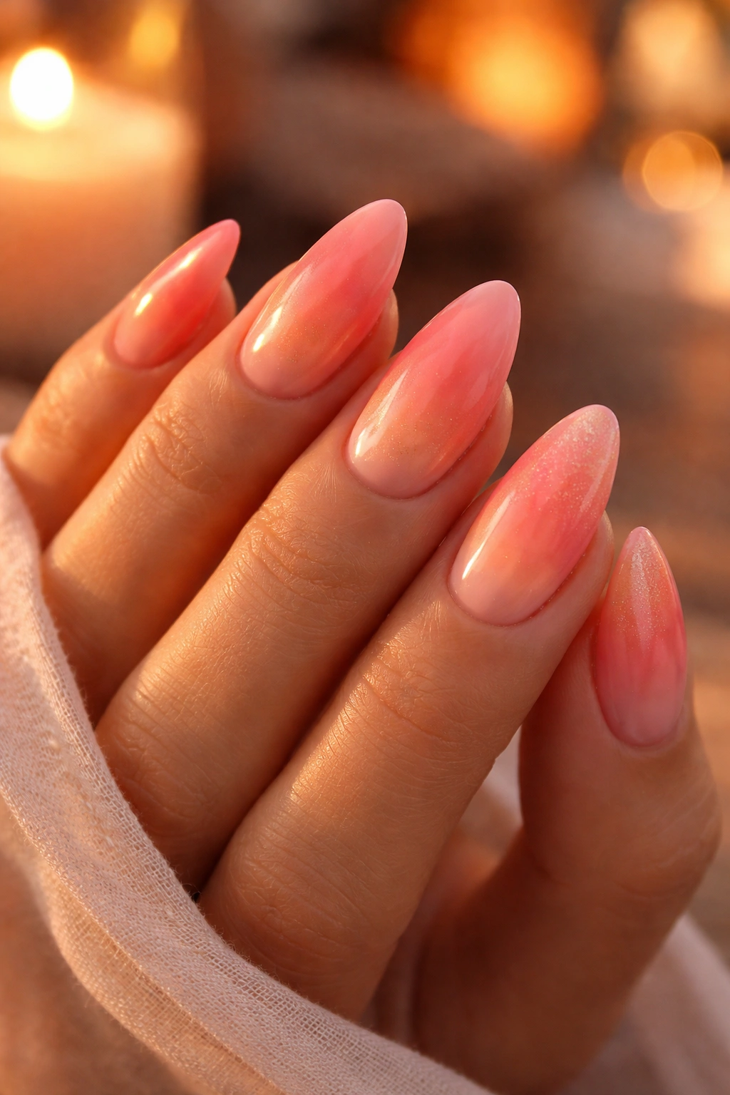 Almond nails with peach to pink to coral sunset gradient and subtle gold shimmer