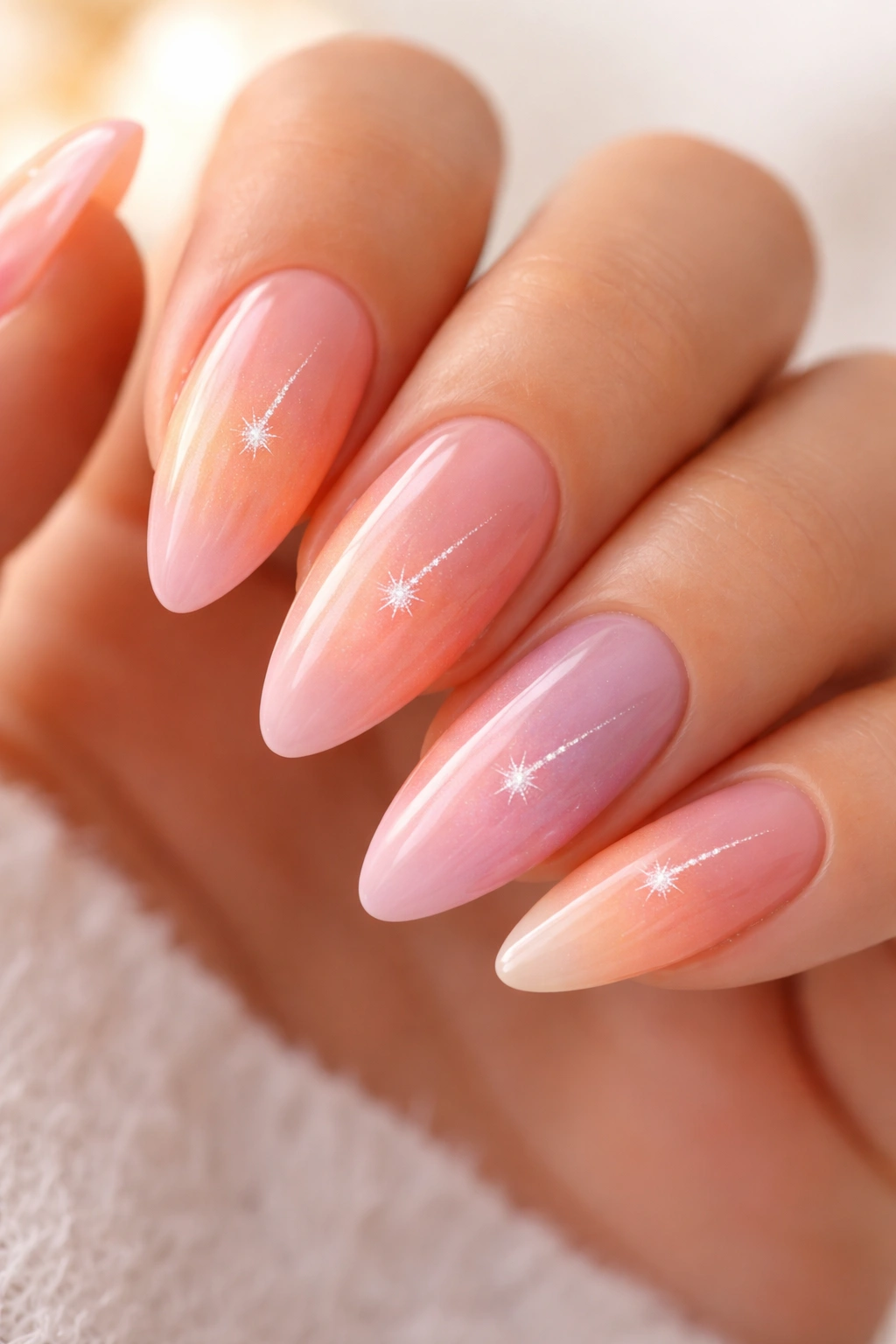 Close-up of sunset ombre almond nails with shooting stars
