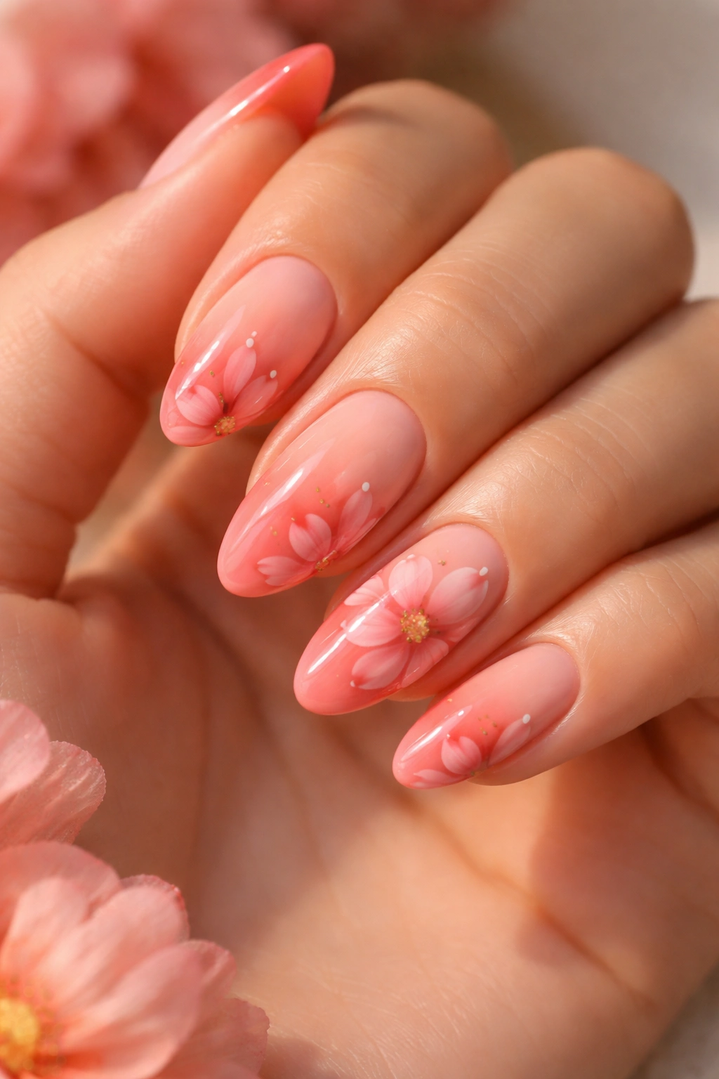 Close-up of sunset ombre almond nails with coral petals