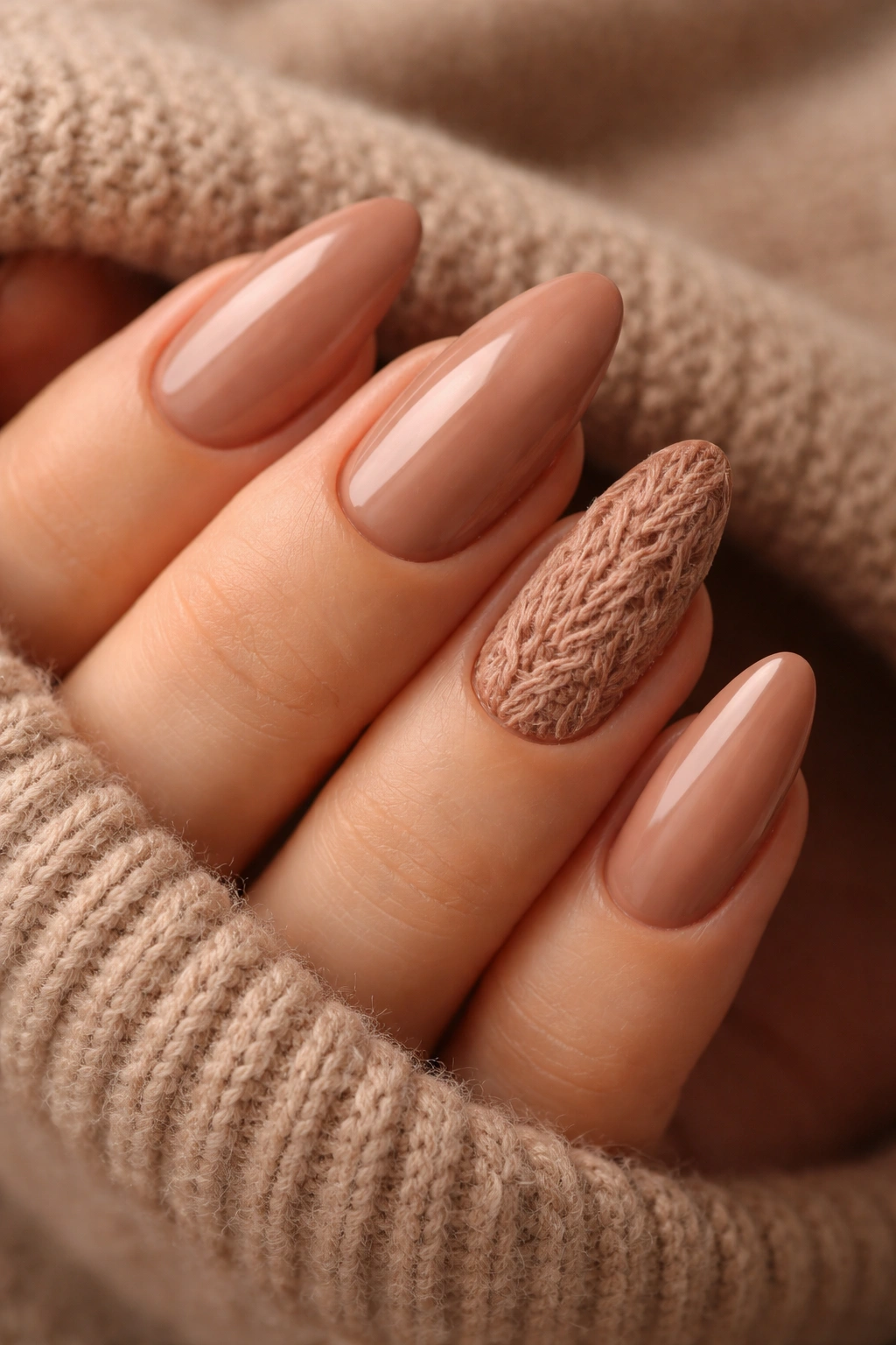 Almond nails with a sweater texture accent in nude-brown