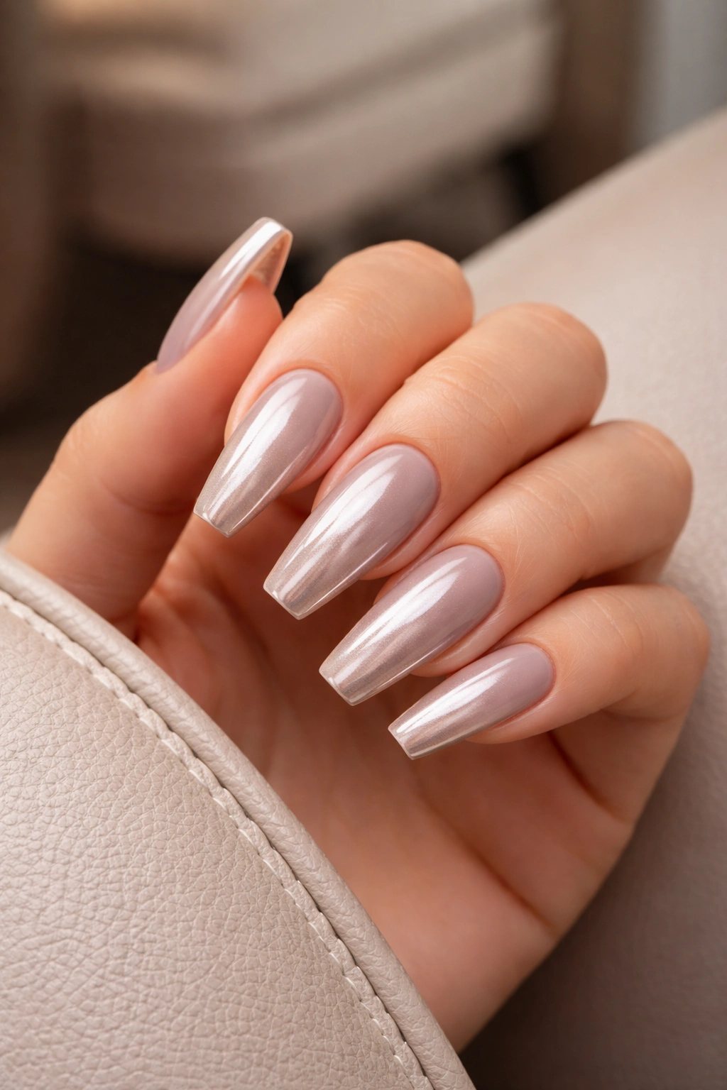 Close-up of soft taupe coffin nails with champagne chrome in a salon setting.