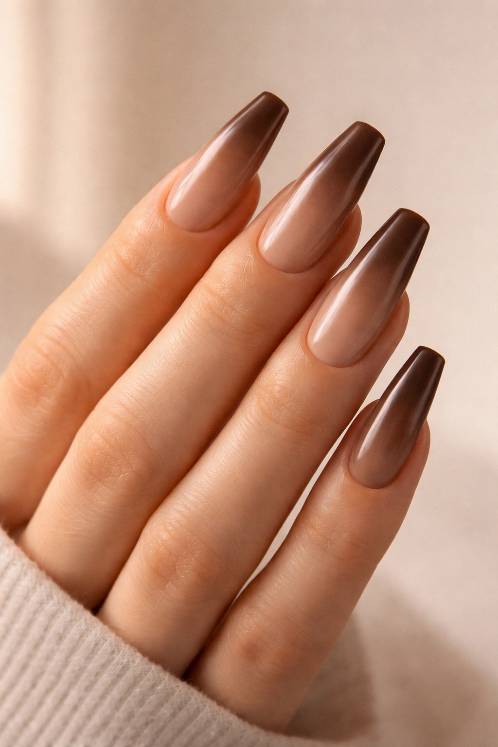 Ombré taupe to cocoa coffin nails with seamless gradient