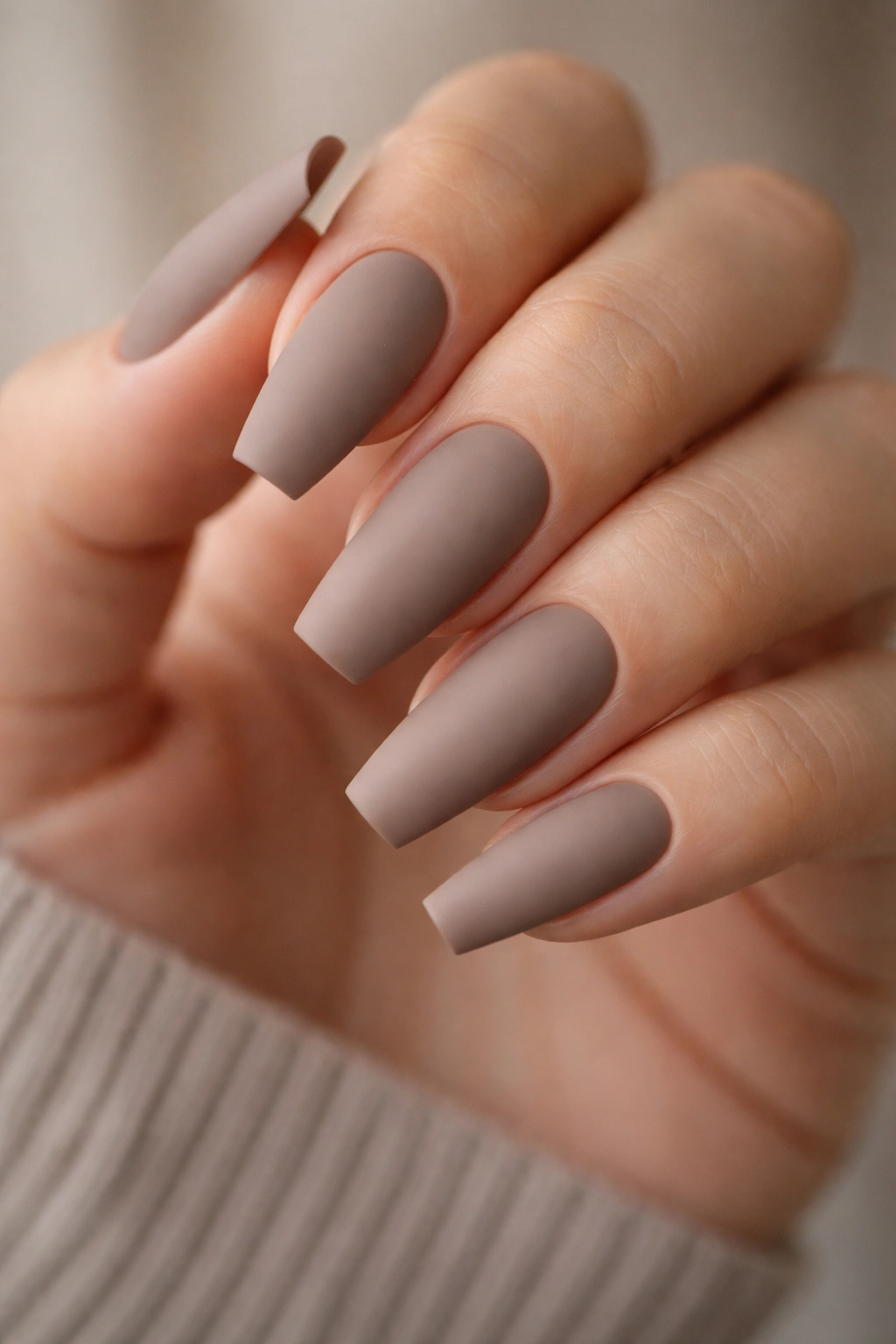 Close-up of matte taupe coffin nails on a hand