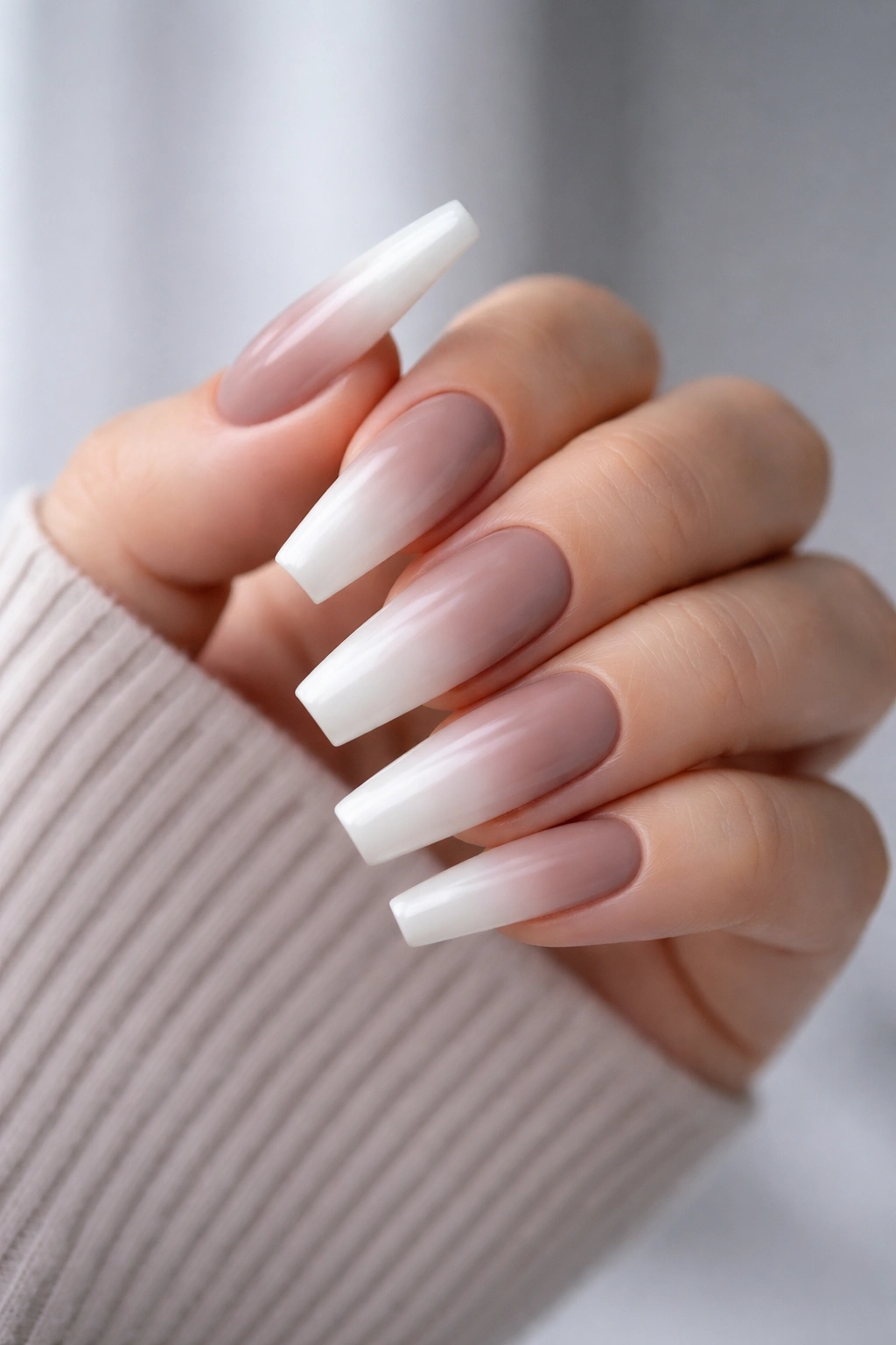 Close-up of taupe to white smoke coffin nails with cool neutral fade