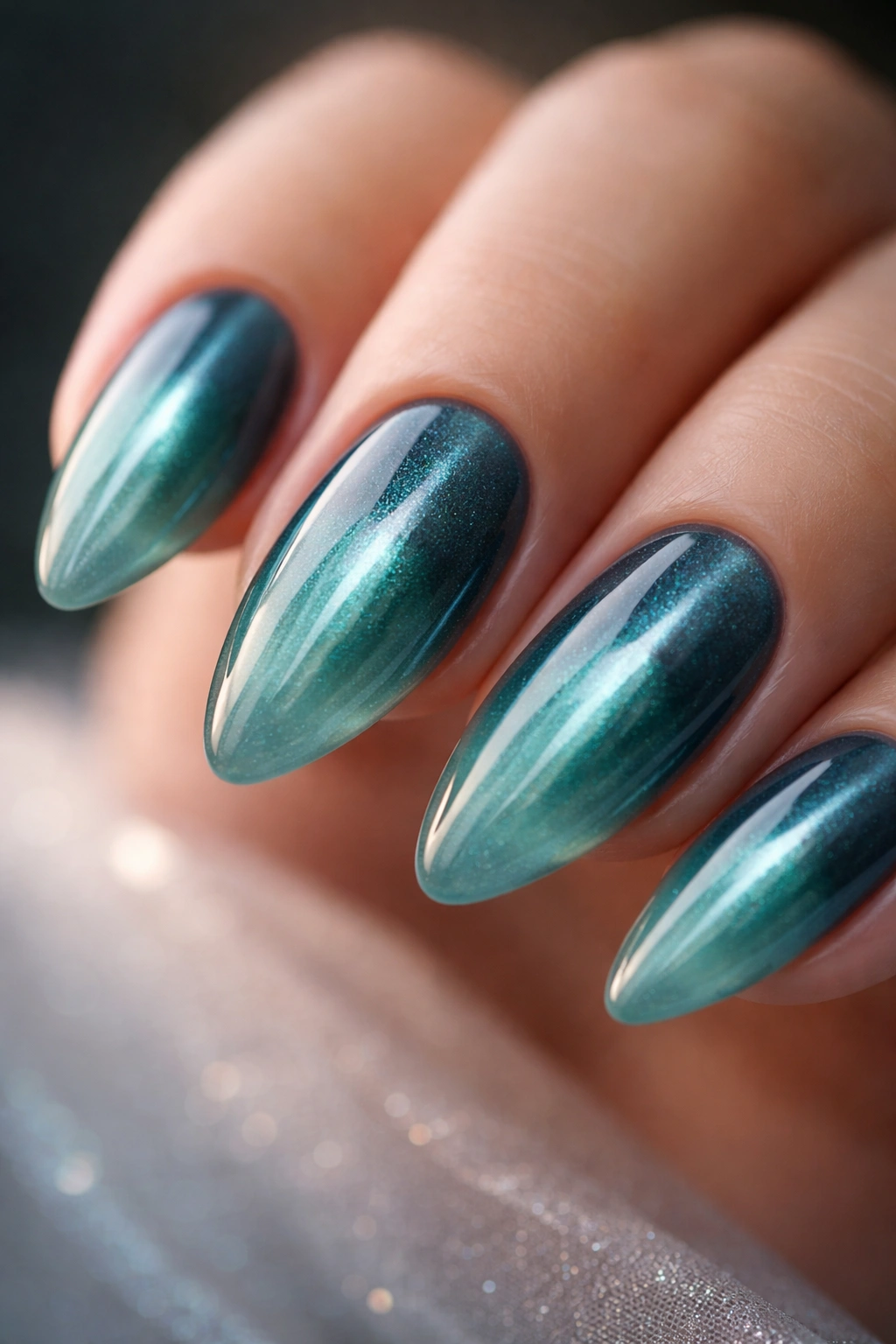 Almond nail with teal jelly base and central cat eye stripe
