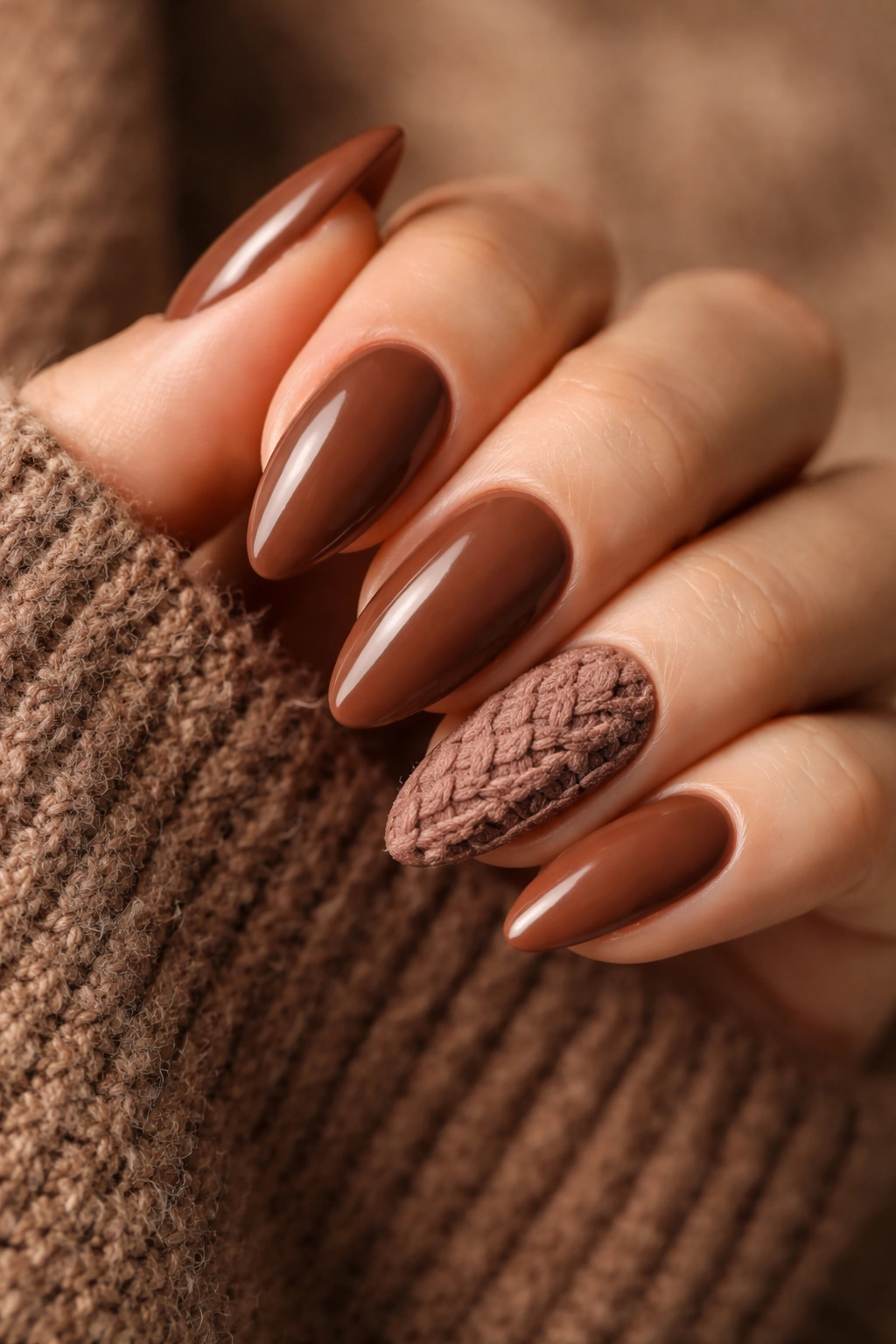 Almond nails with a single teddy-bear textured accent nail