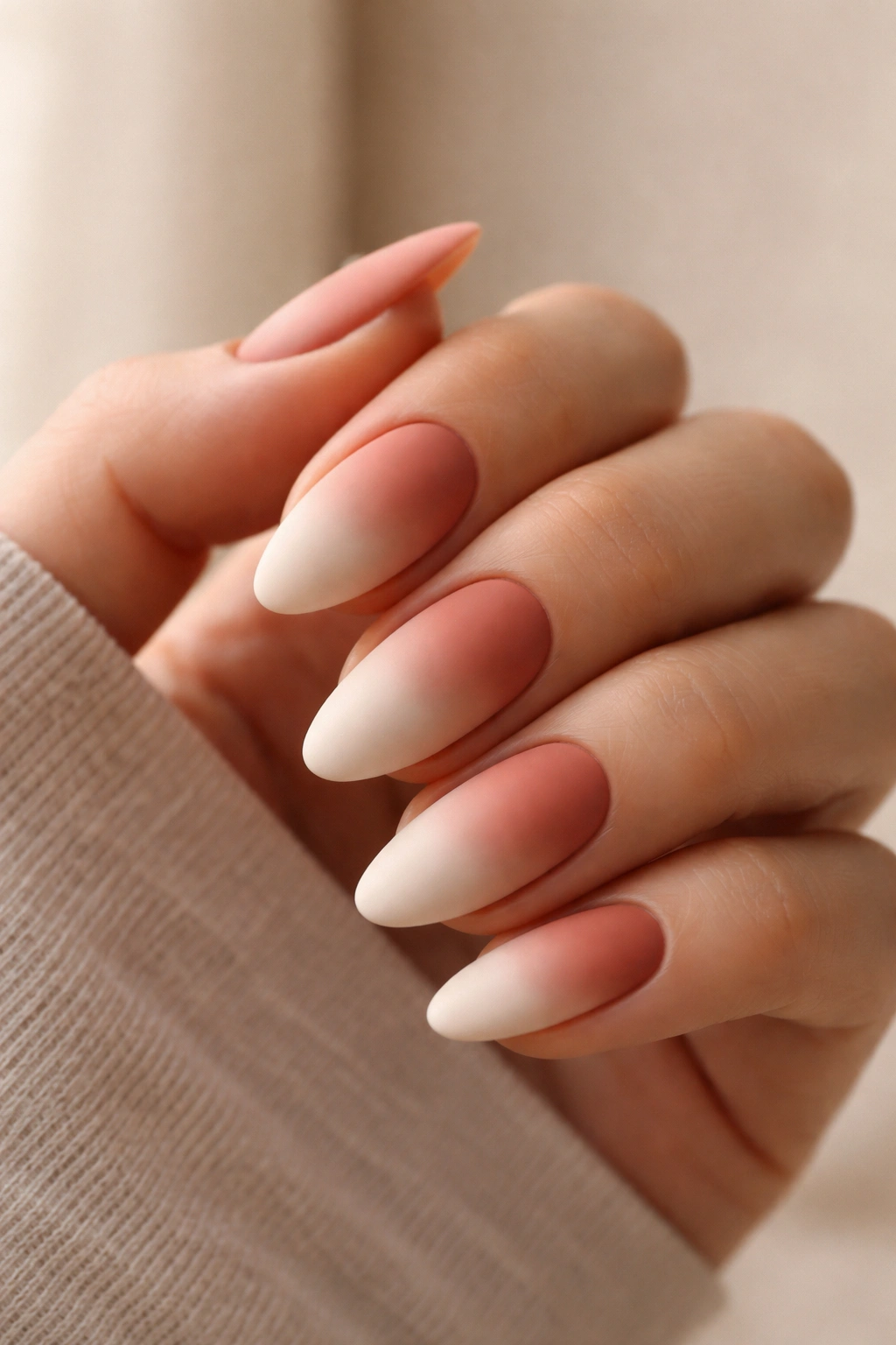 Terracotta to Cream Clay gradient on almond nails with matte finish