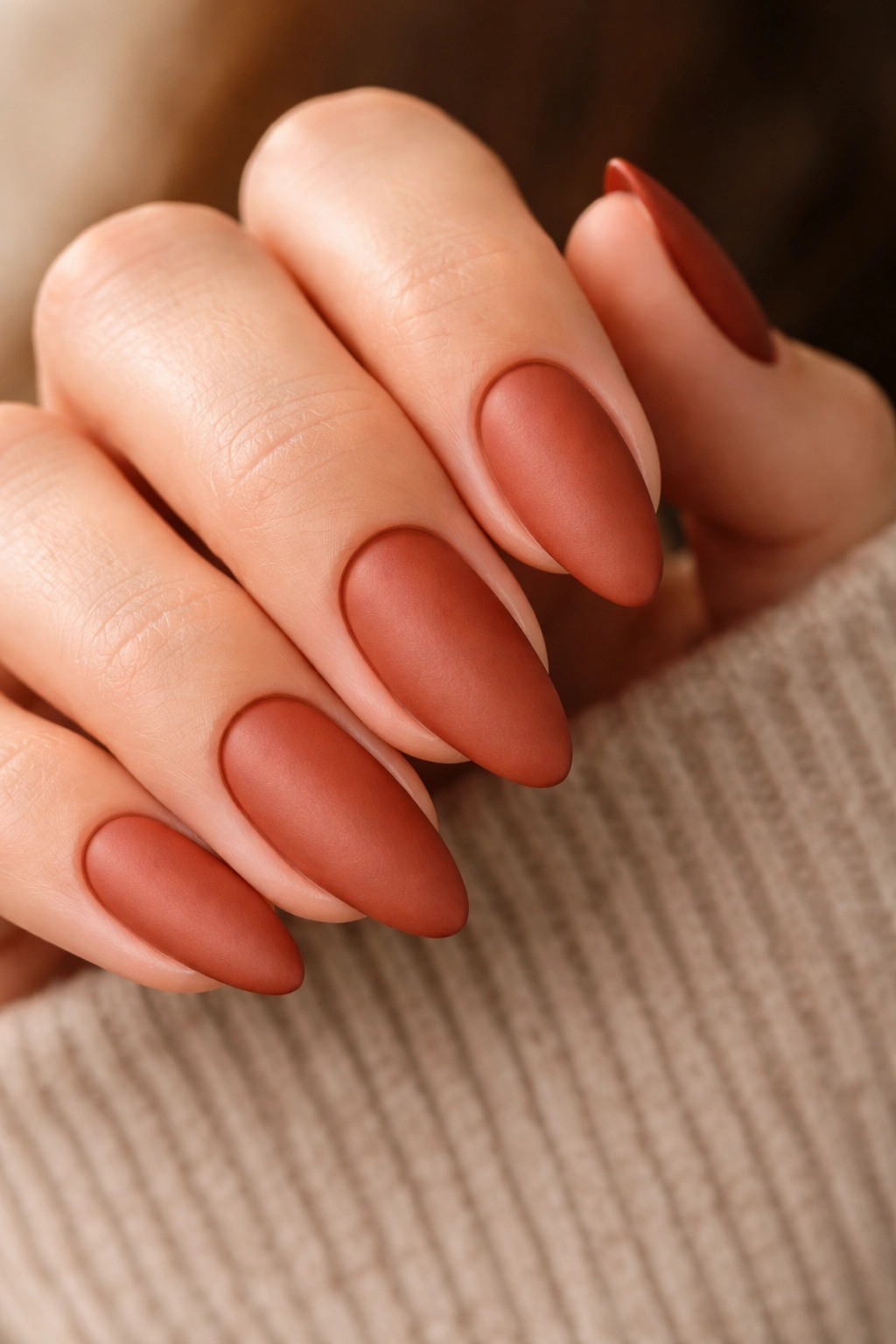 Close-up of terracotta matte almond nails with red-brown tone and matte finish
