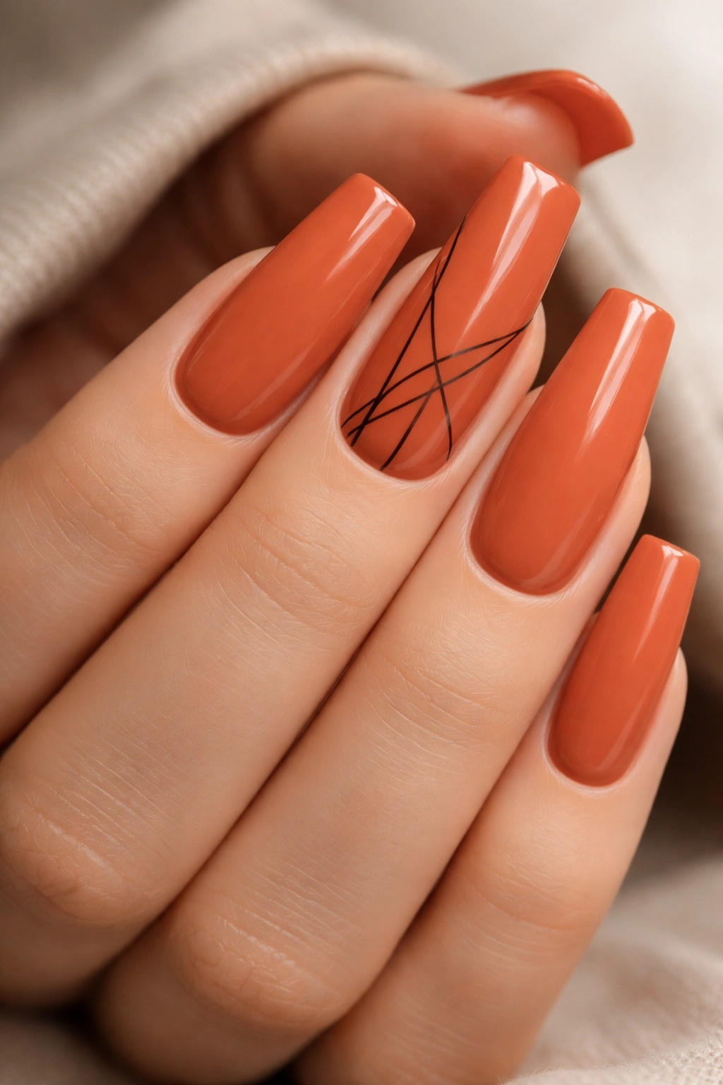 Terracotta orange nails with thin black line art accent
