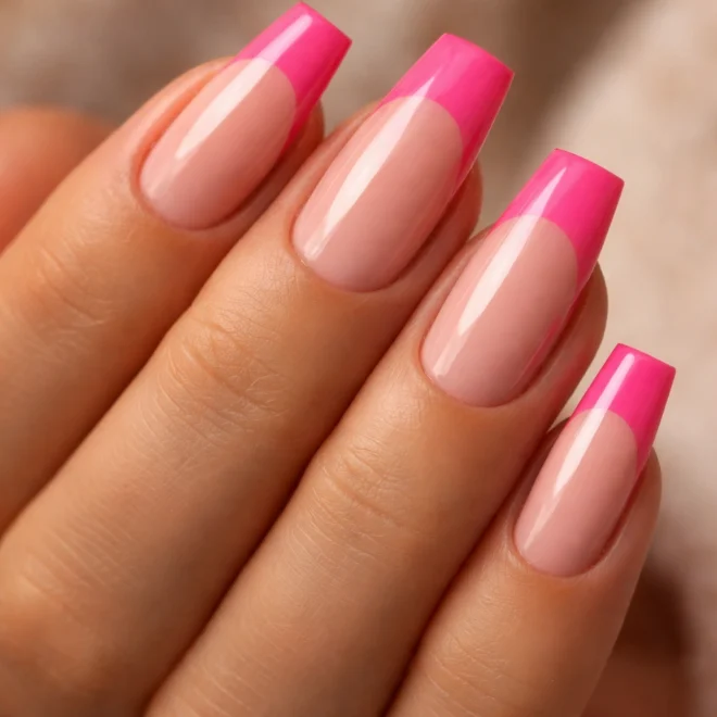 12 Hot Pink French Tip Coffin Nails