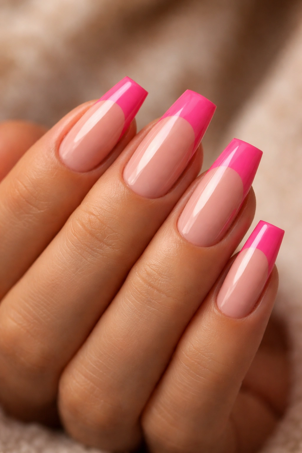 Medium coffin nails with thick curved hot pink tips