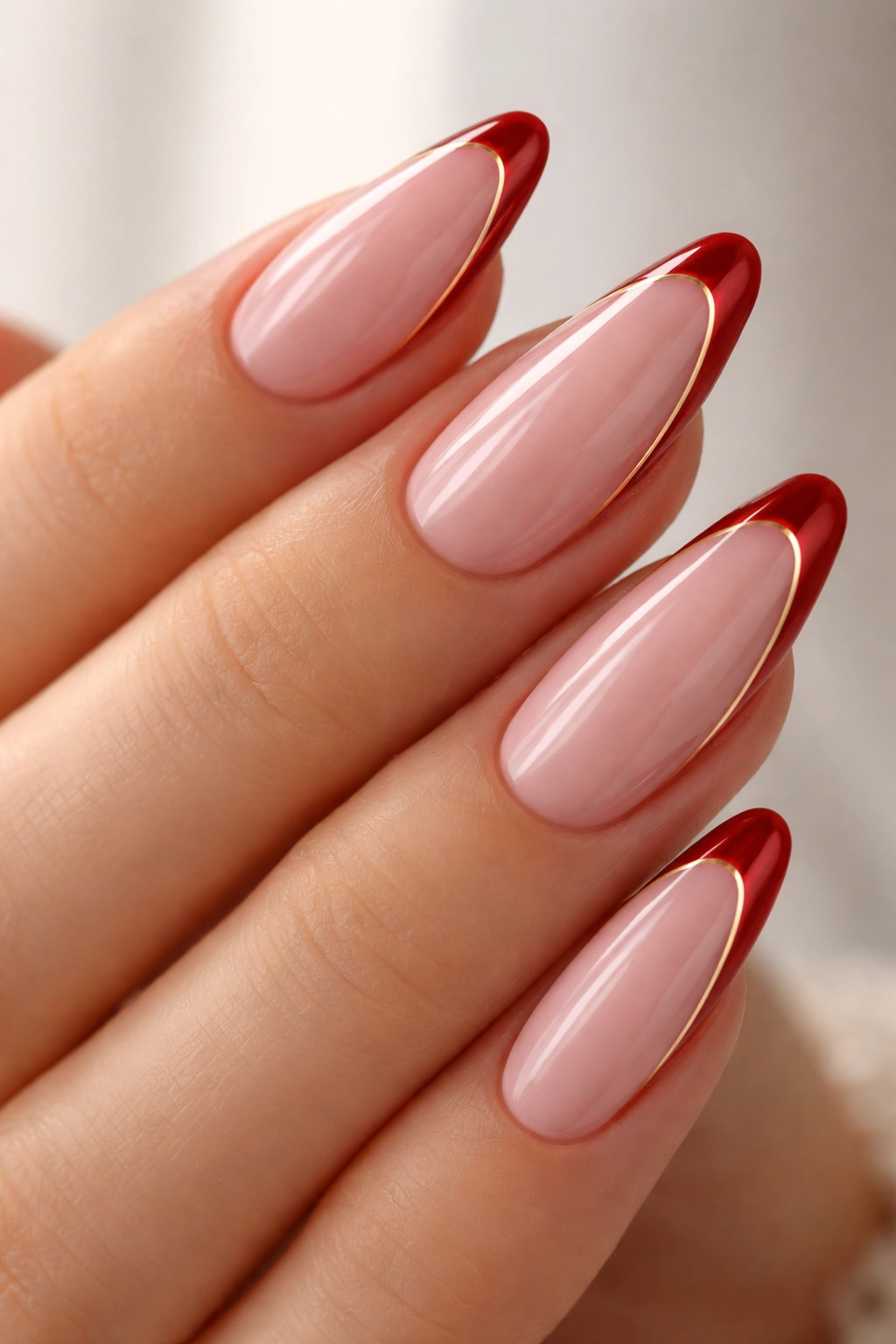 Almond nails with cherry red tips and a thin gold trace