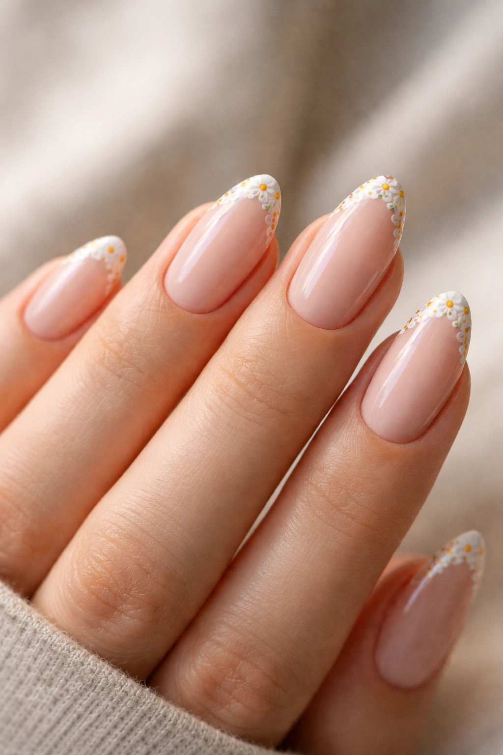 Close-up of almond nails with tiny daisies at the tip line on a milky pink base
