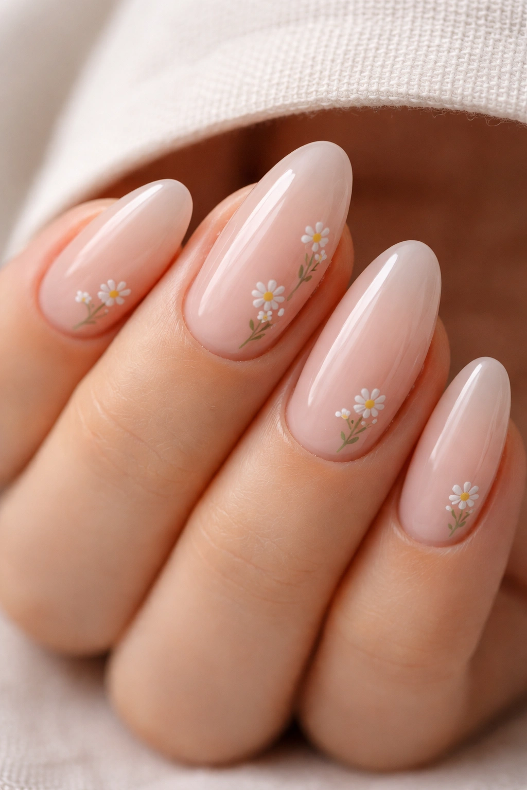 Close-up of almond-shaped gel nails with tiny white floral nail art on nude base