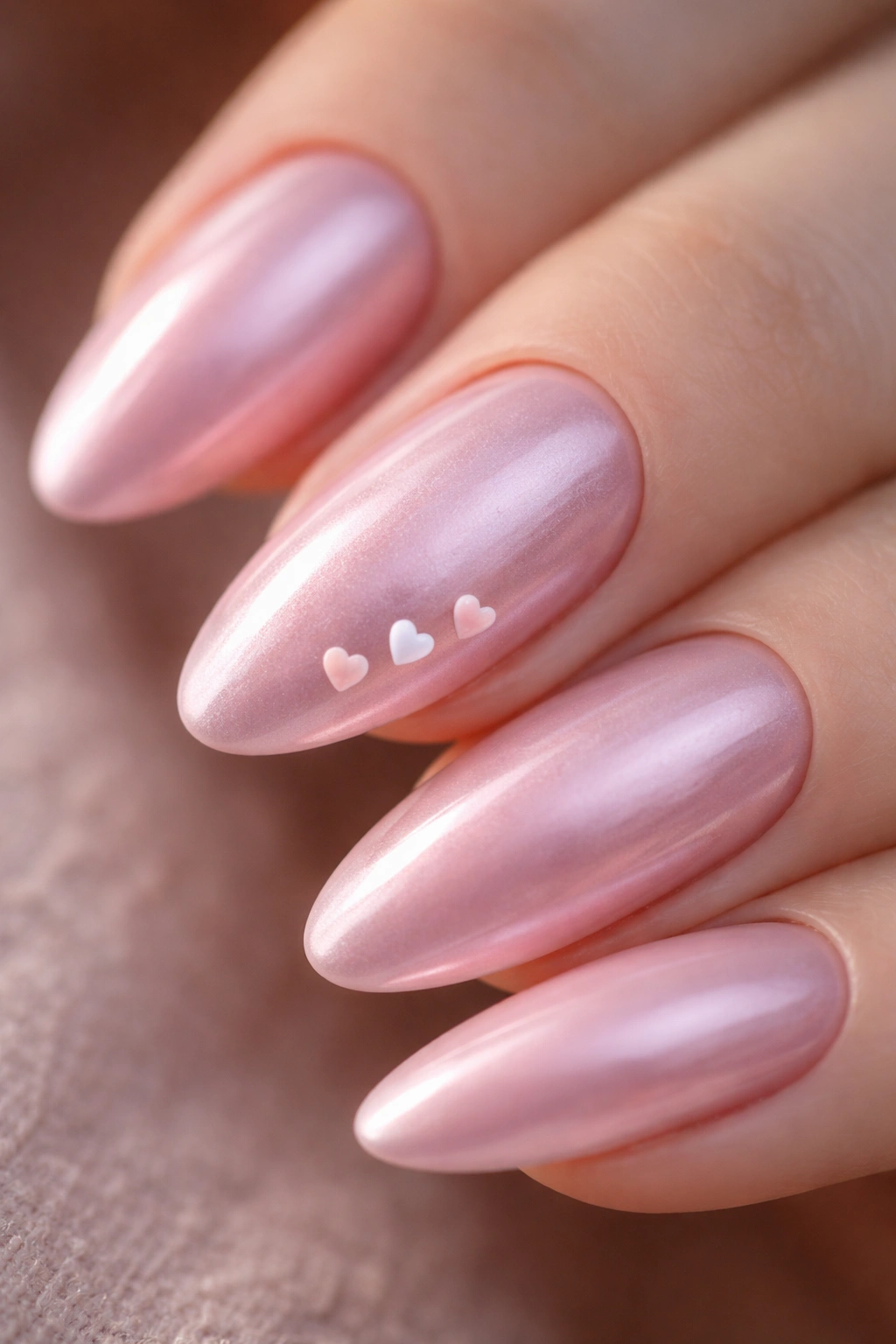 Almond nail with tiny heart details on pink chrome.