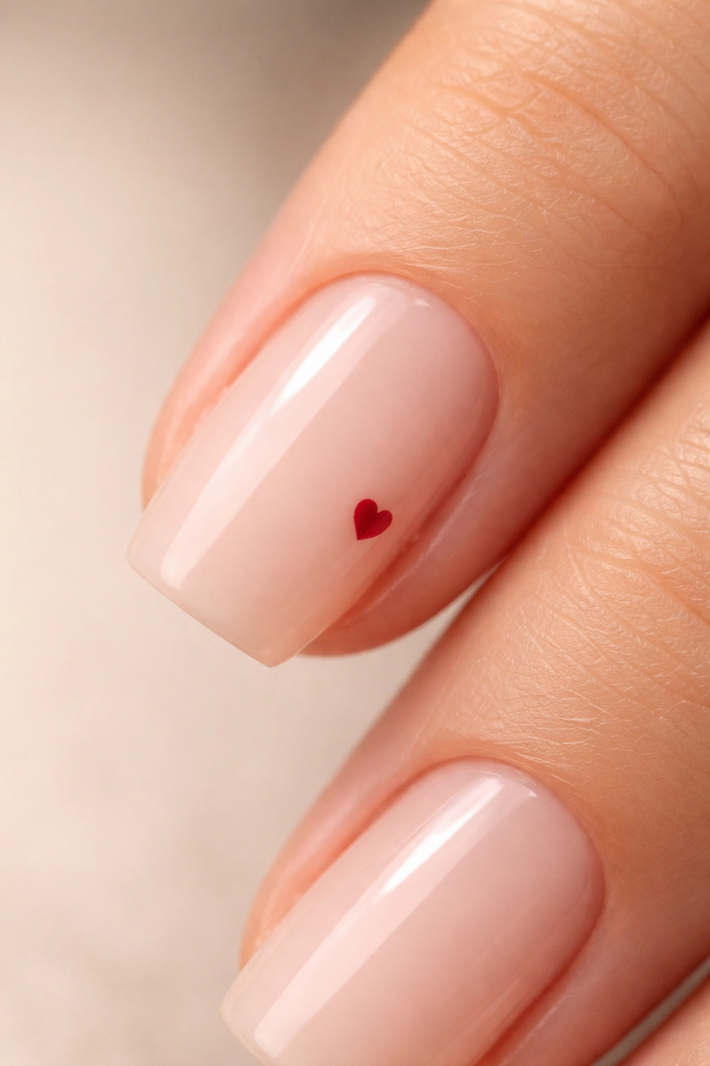 Close-up of a short coffin nail with sheer beige base and a tiny red heart near the cuticle