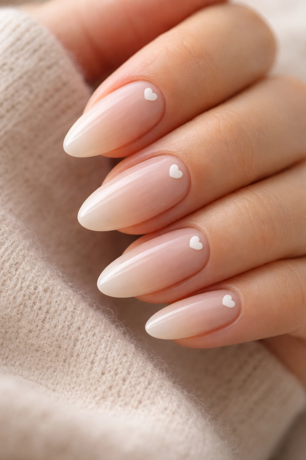 Close-up of almond nails with tiny white hearts on a sheer nude base