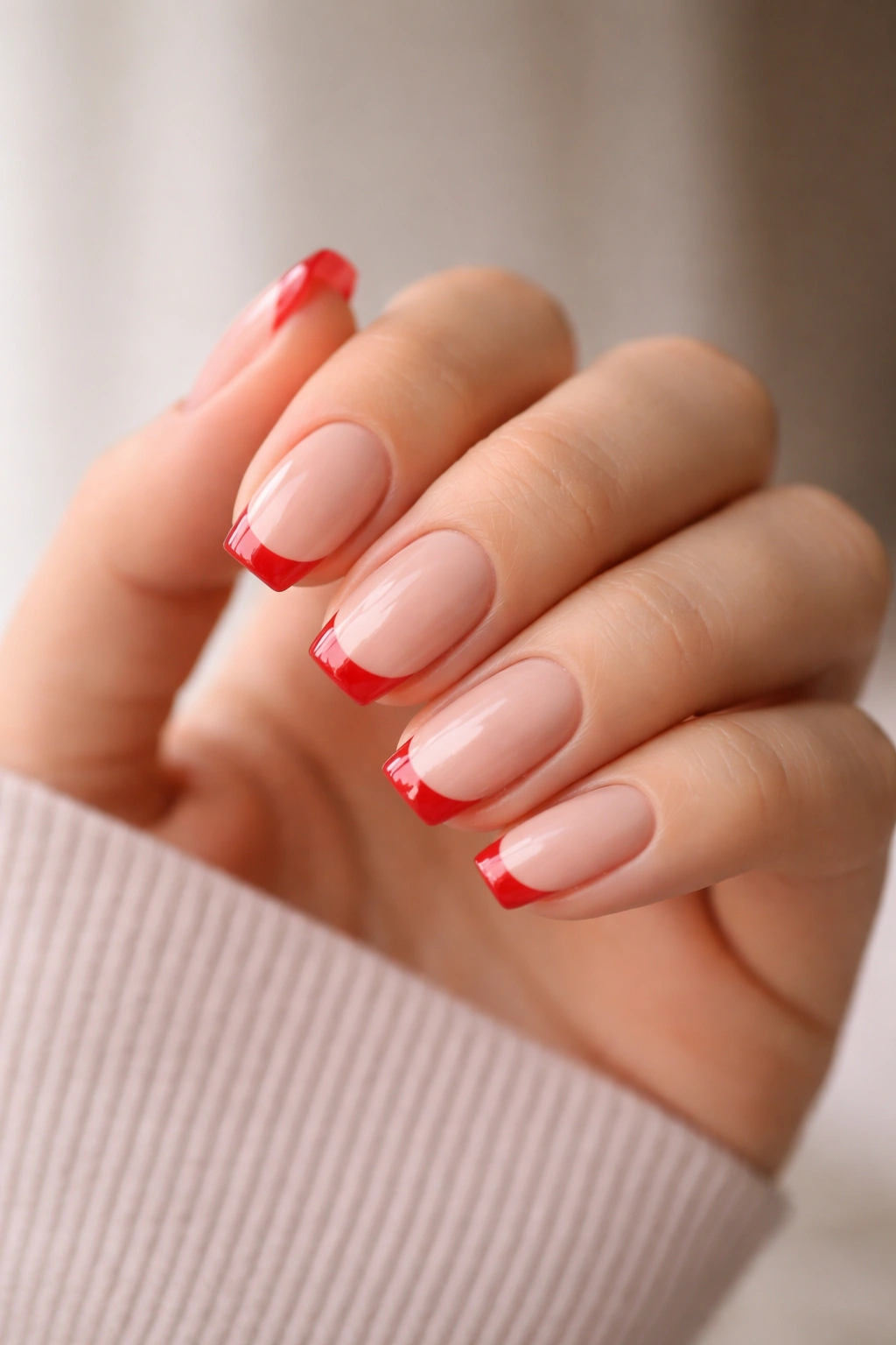 Tomato red micro-French coffin nails with crisp tip on short-to-medium length