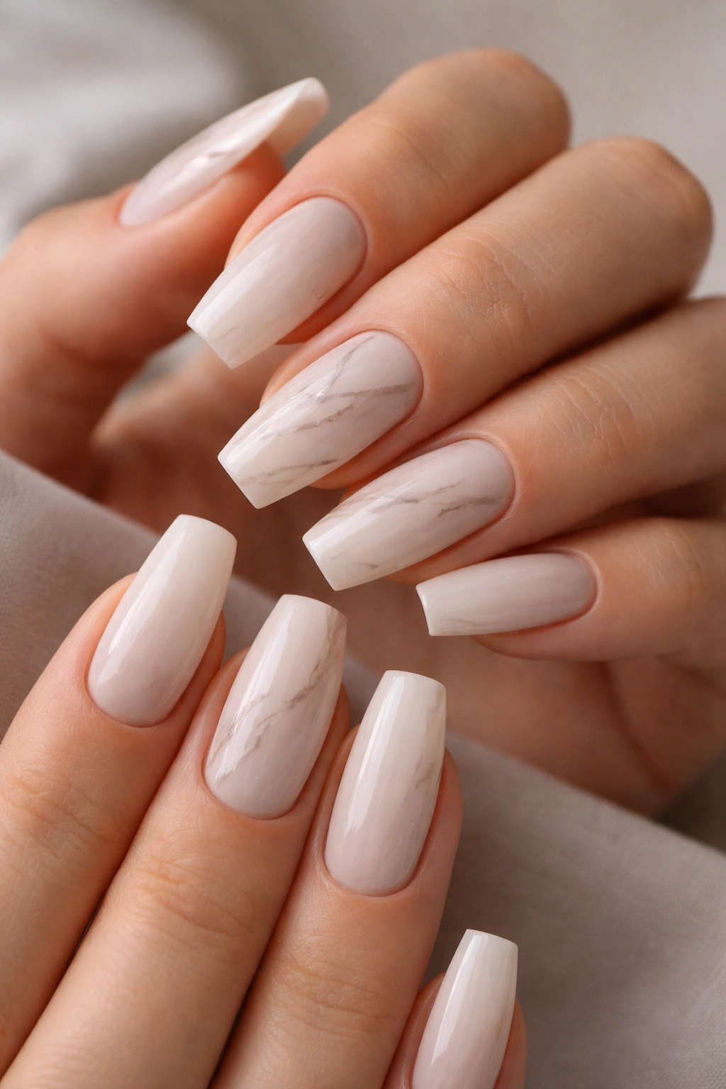 Minimalist marble coffin nails with subtle tone-on-tone veining on pale base.