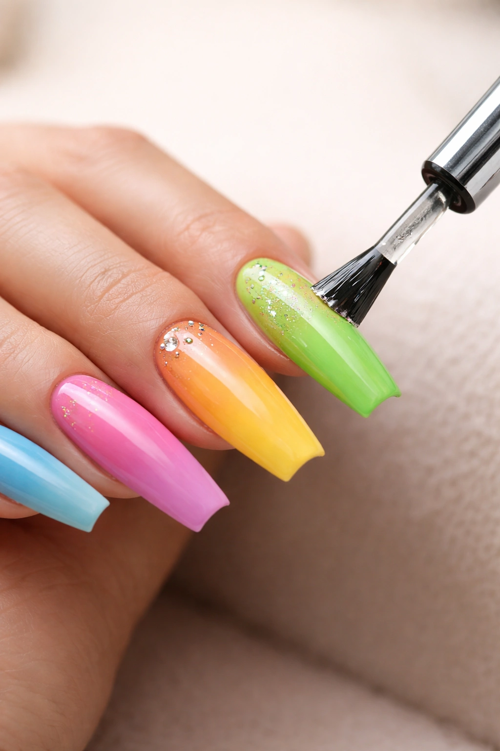 Hand applying clear top coat to coffin nails to extend wear