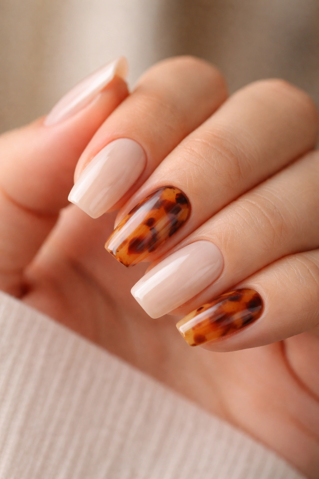 Tortoiseshell accent coffin nails on short nails with milky beige base