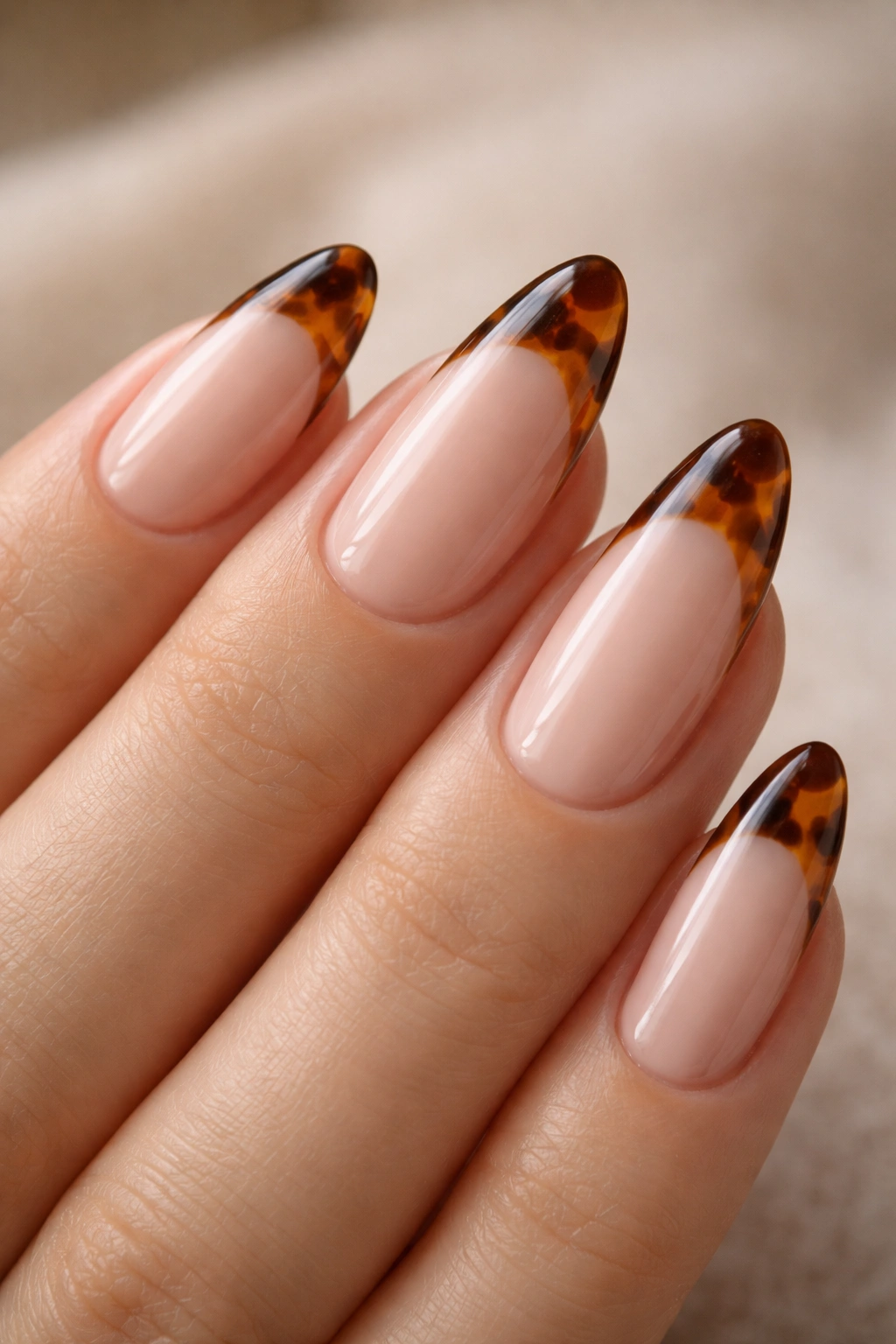 Almond nails with tortoiseshell tip pattern on a sheer base