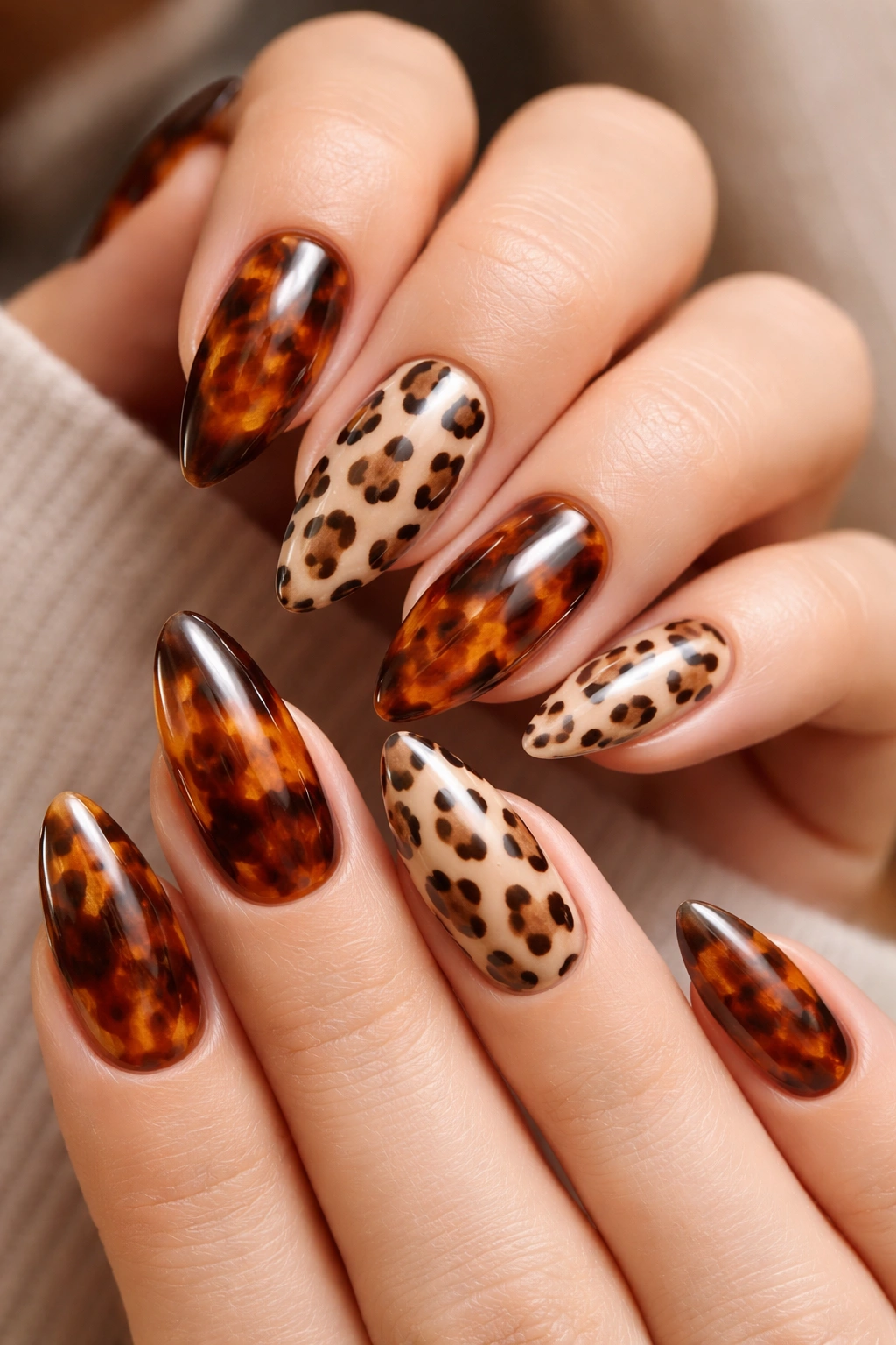 Almond nails featuring tortoiseshell and leopard patterns with warm tones.