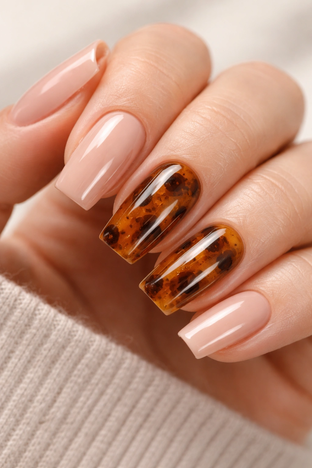 Close-up of tortoiseshell accent nails on short coffin nails with warm nude nails