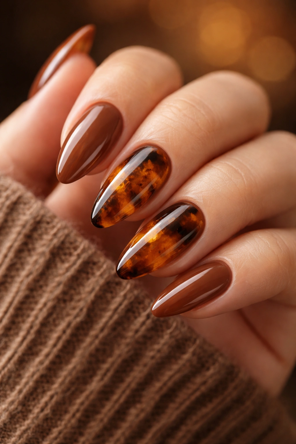 Tortoiseshell brown almond nails close-up