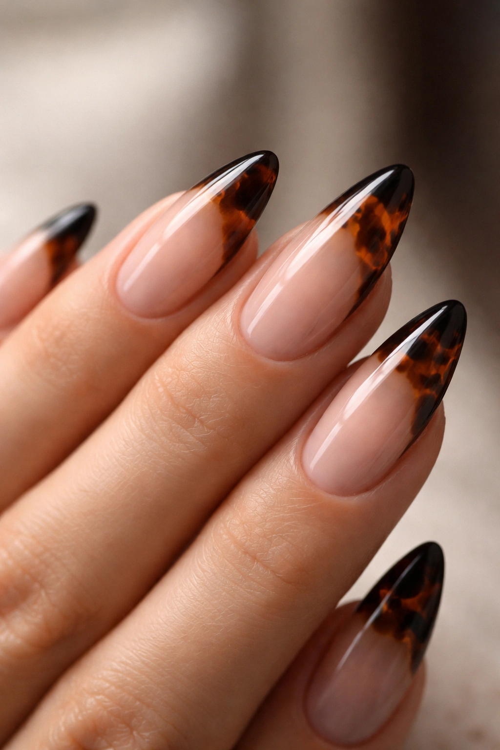 Almond nails with black tortoiseshell tips on a sheer nude base