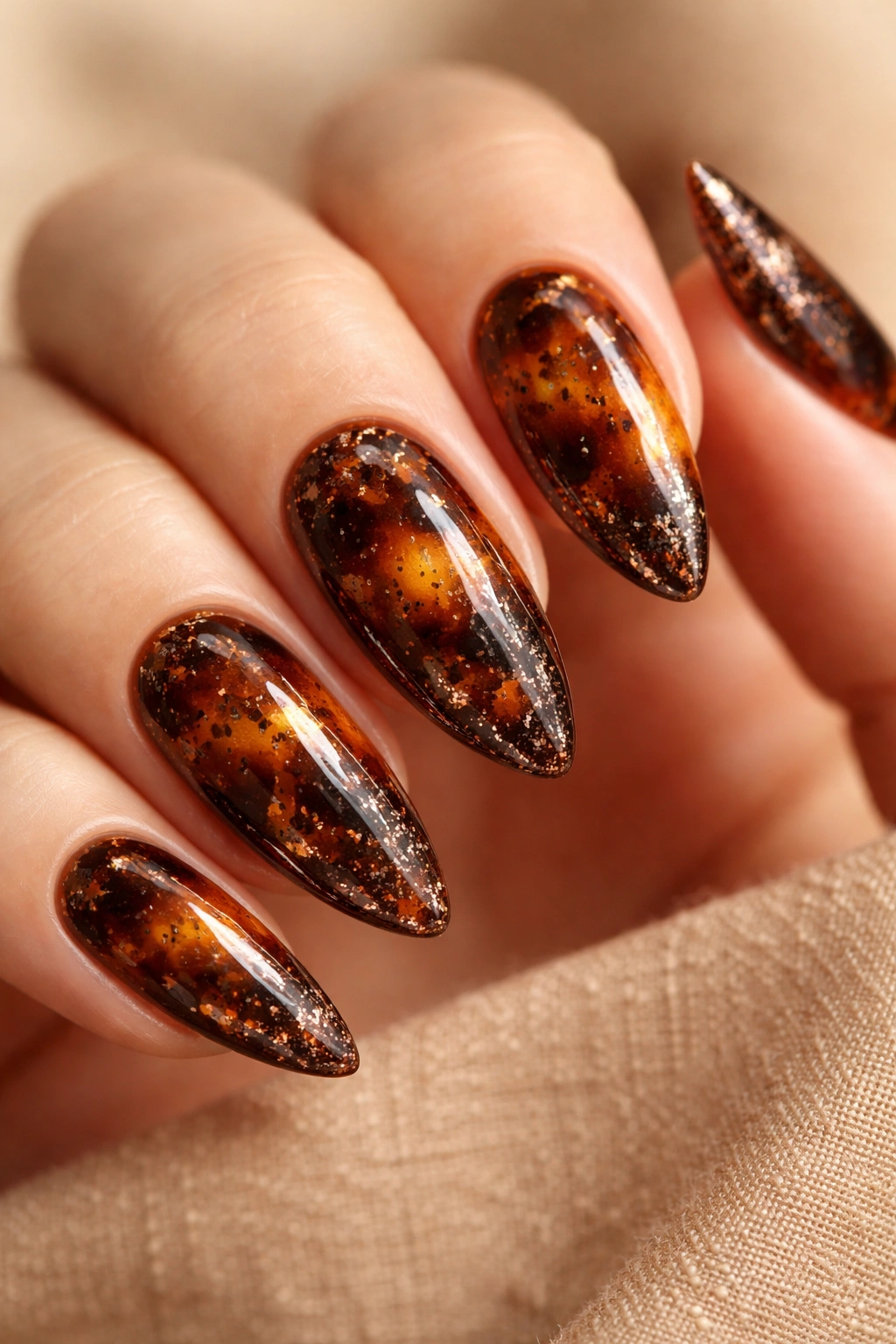 Close-up of tortoiseshell almond nails with bronze glitter specks