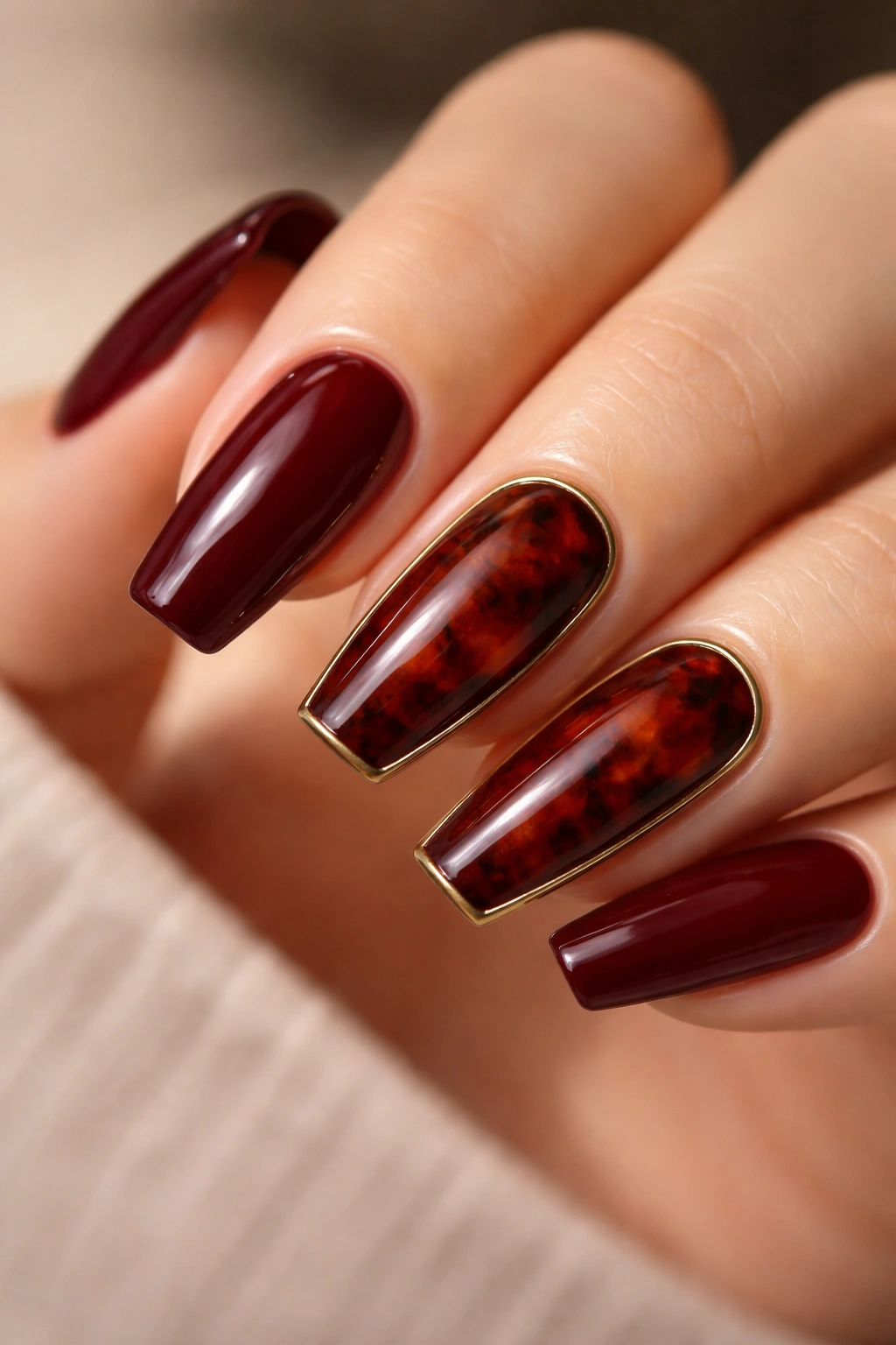 Close-up of dark red tortoiseshell nails with slim gold frames on accent nails