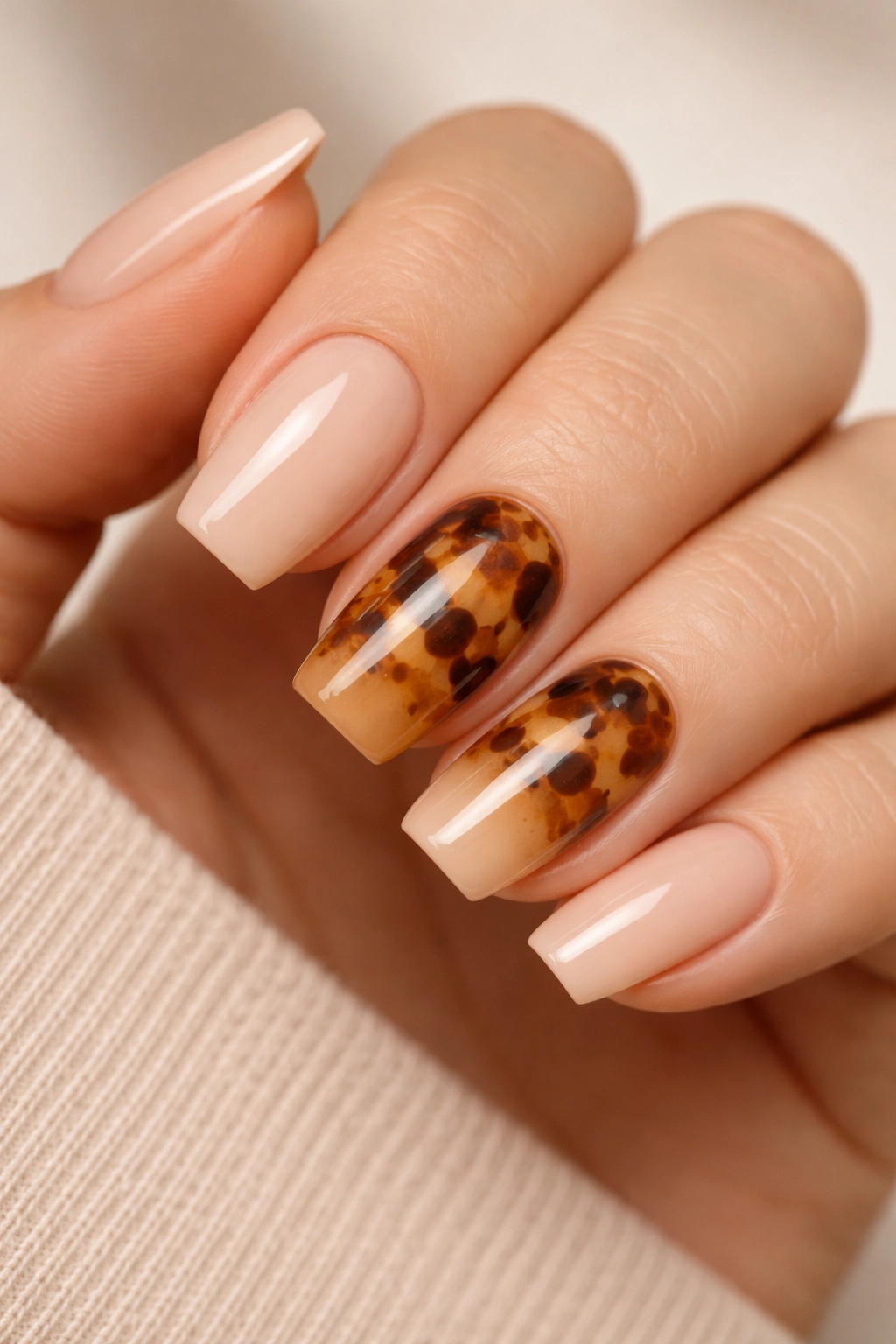 Close-up of tortoiseshell-accent nails on a nude short coffin set focusing on two accent nails
