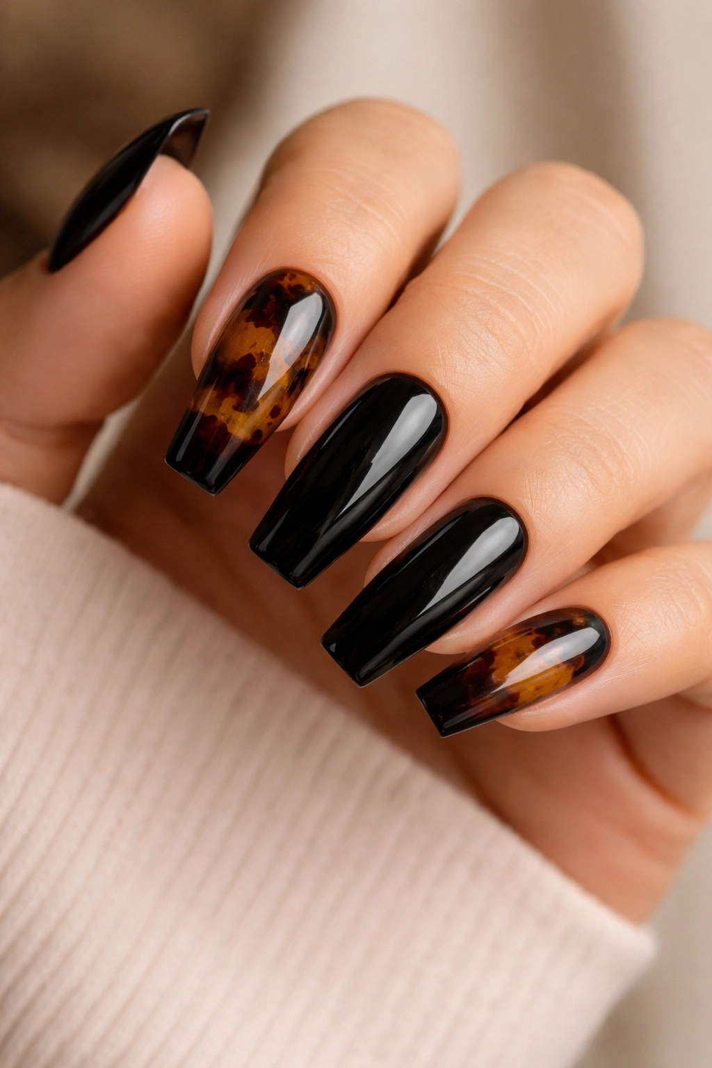 Close-up of black coffin nails with tortoiseshell accents on two nails against a neutral backdrop