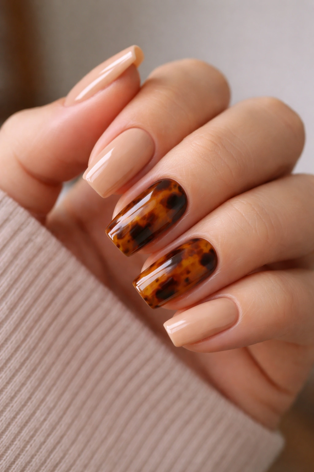 Two accent tortoiseshell nails on short coffin nails with nude others