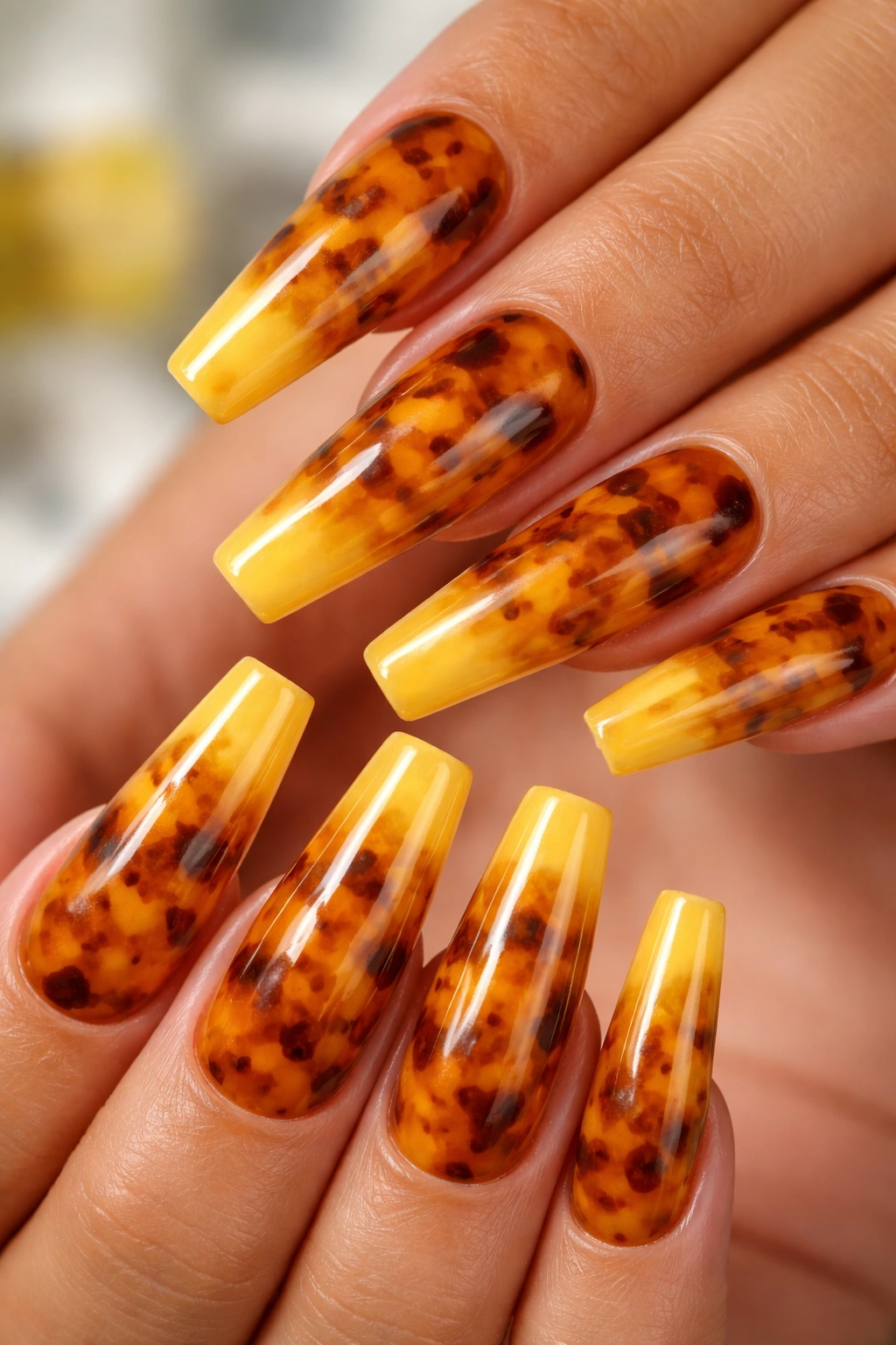 Yellow tortoiseshell coffin nails with amber patches