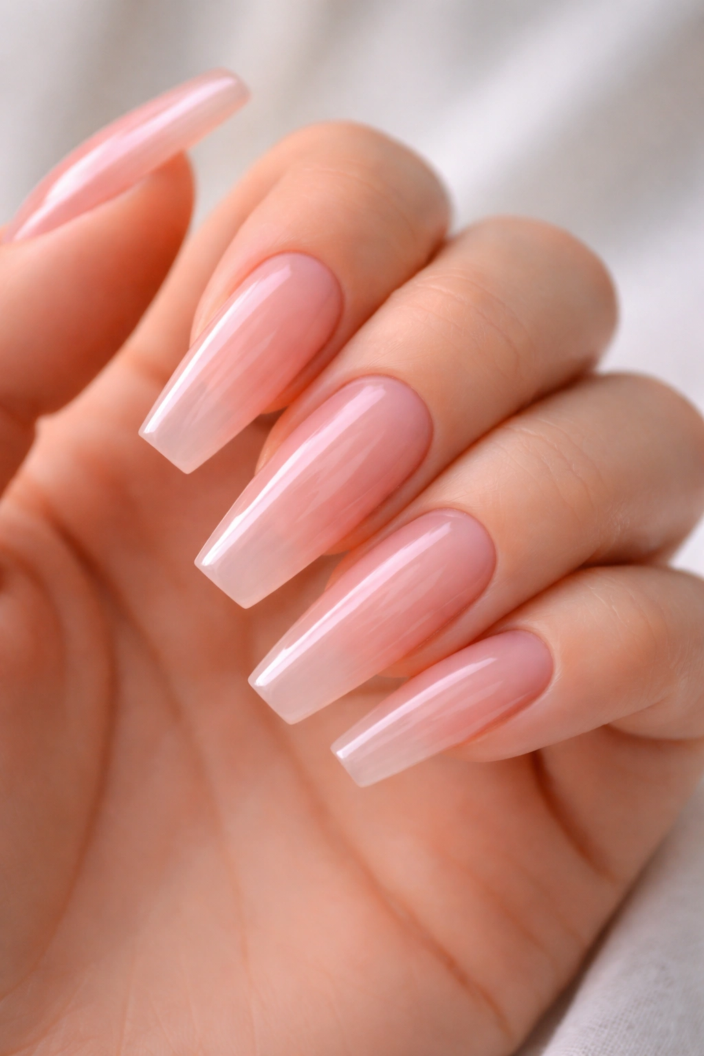 Coffin nails with translucent blush pink jelly finish