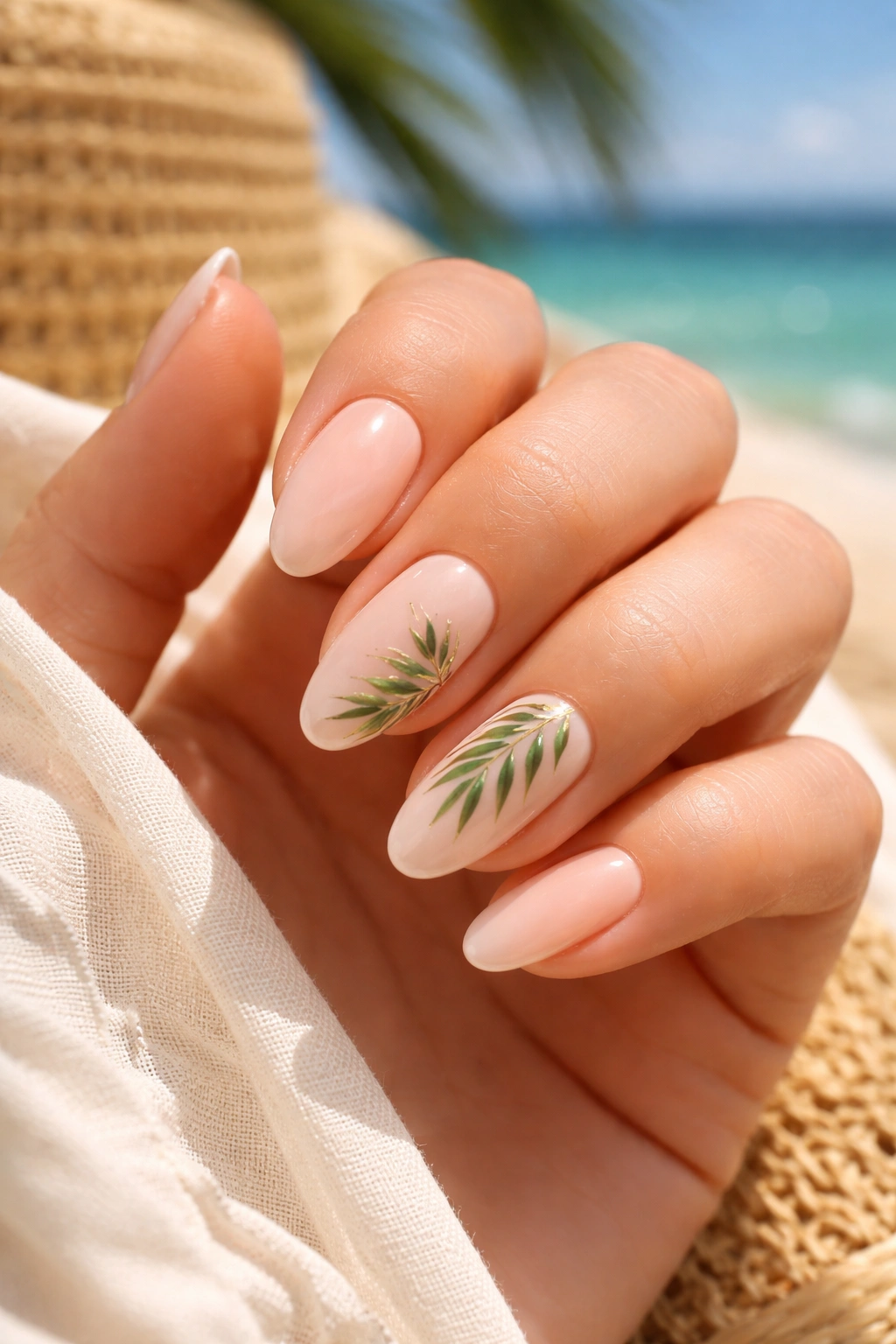 Nude-based almond nails with slender green leaf accents and gold stems