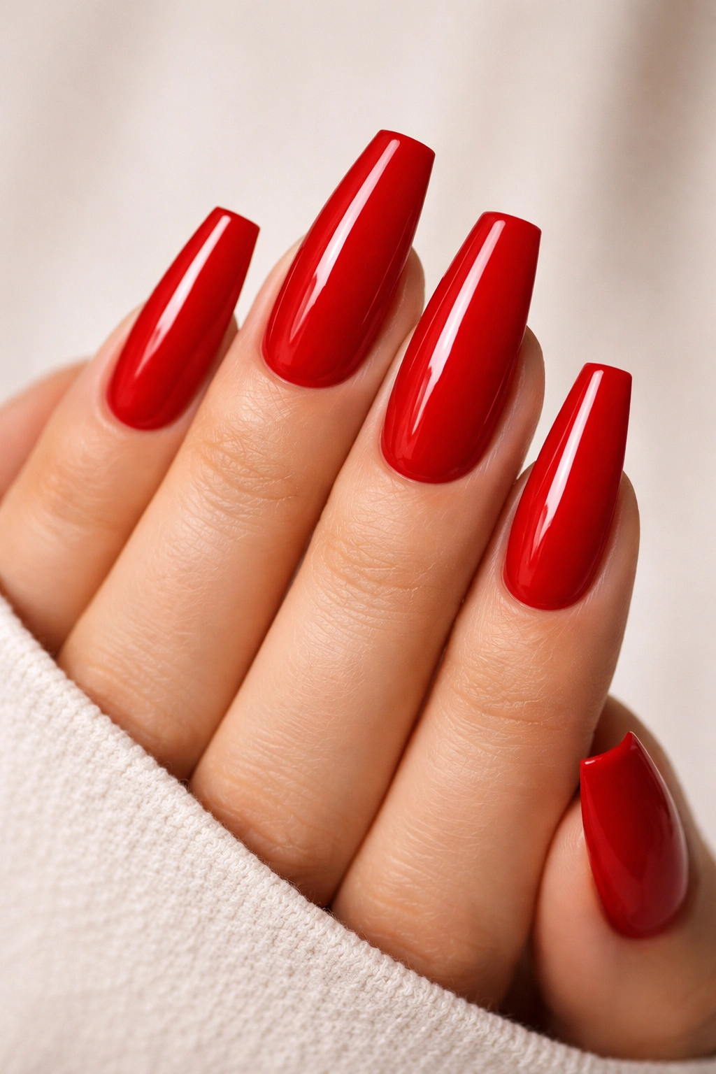 Medium coffin nails in true red cream with glossy finish.