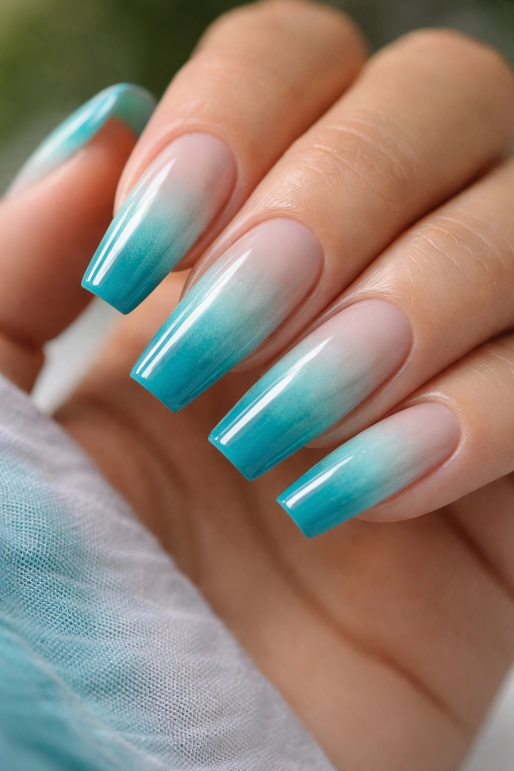 Turquoise ombré coffin nails gradient from pale to turquoise