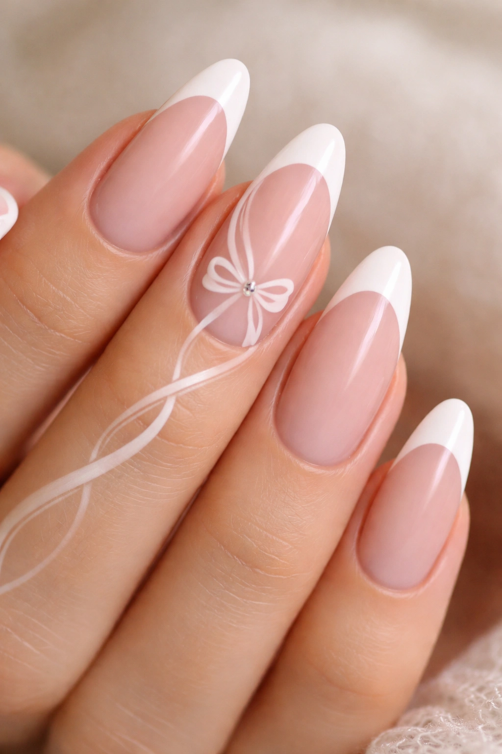 Two-tone French almond nails with ribbon bow swirl across adjacent nails
