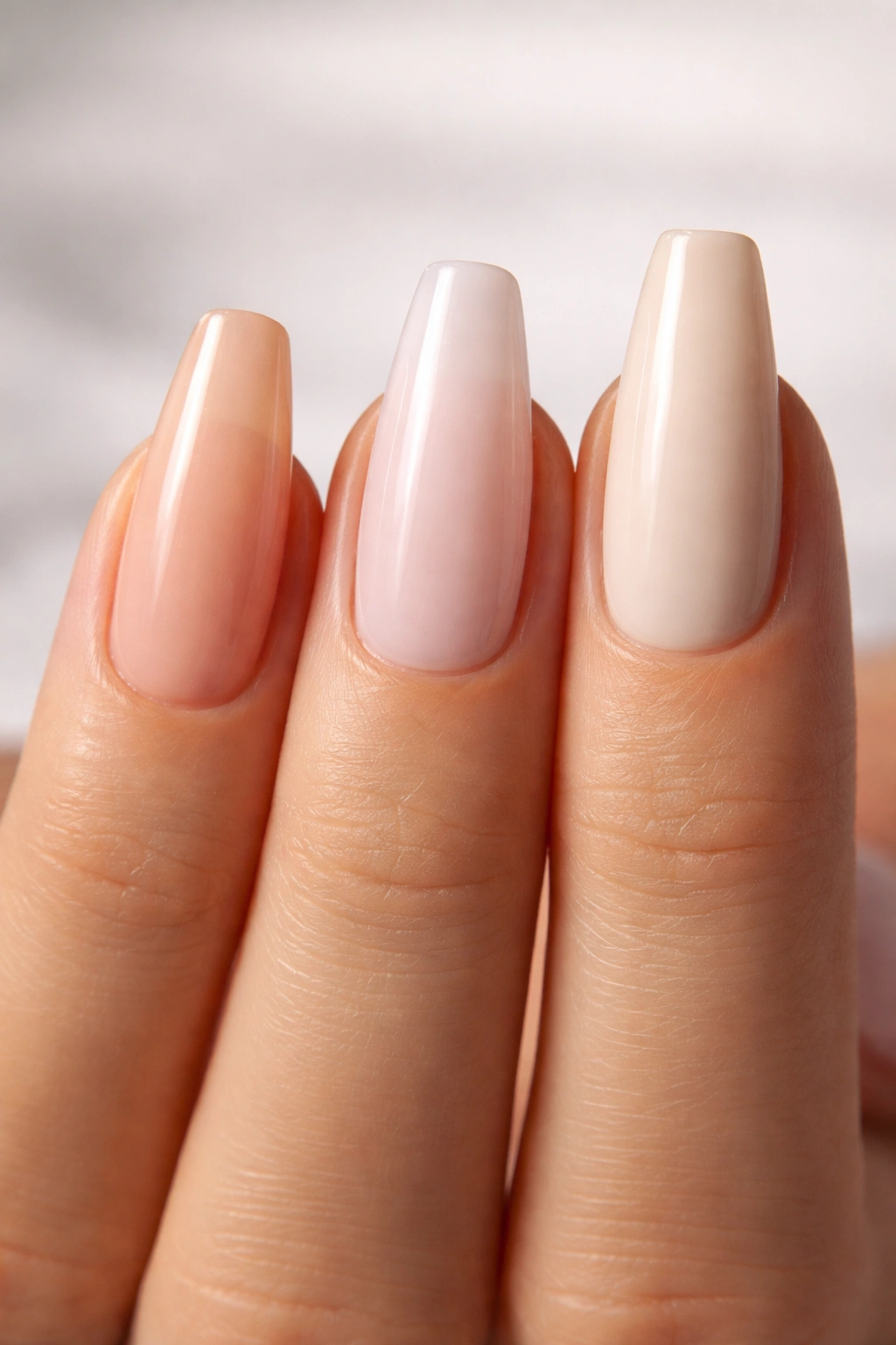 Close-up of coffin nails showing undertones and varying opacity on a single hand