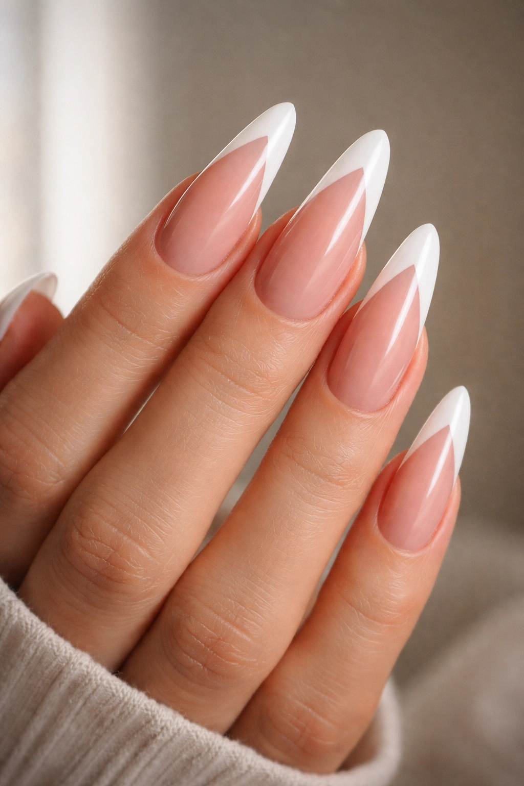Close-up of long almond nails with a centered V-cut white edge