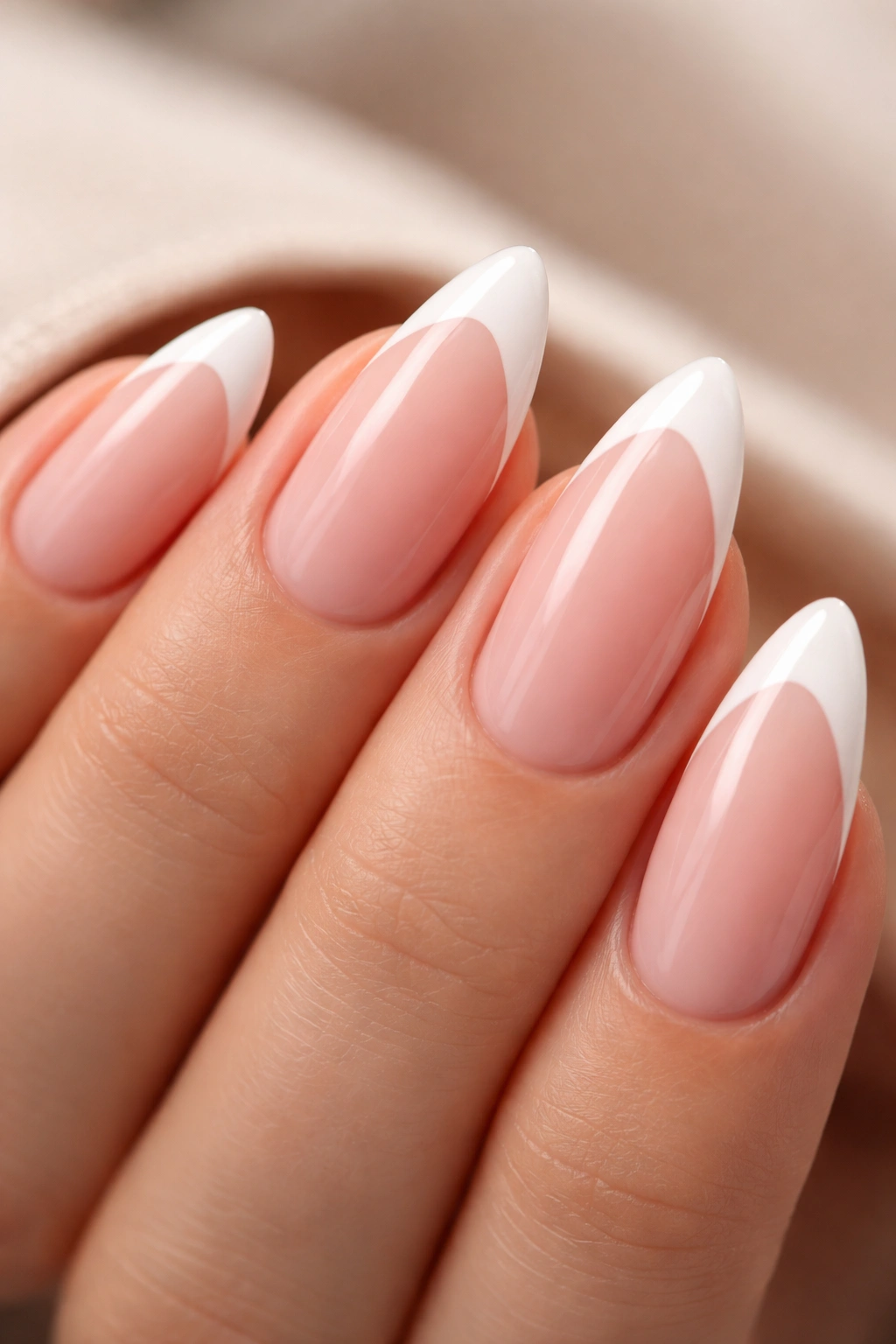 Close-up of almond nails with a shallow V-shaped white French tip on sheer pink base