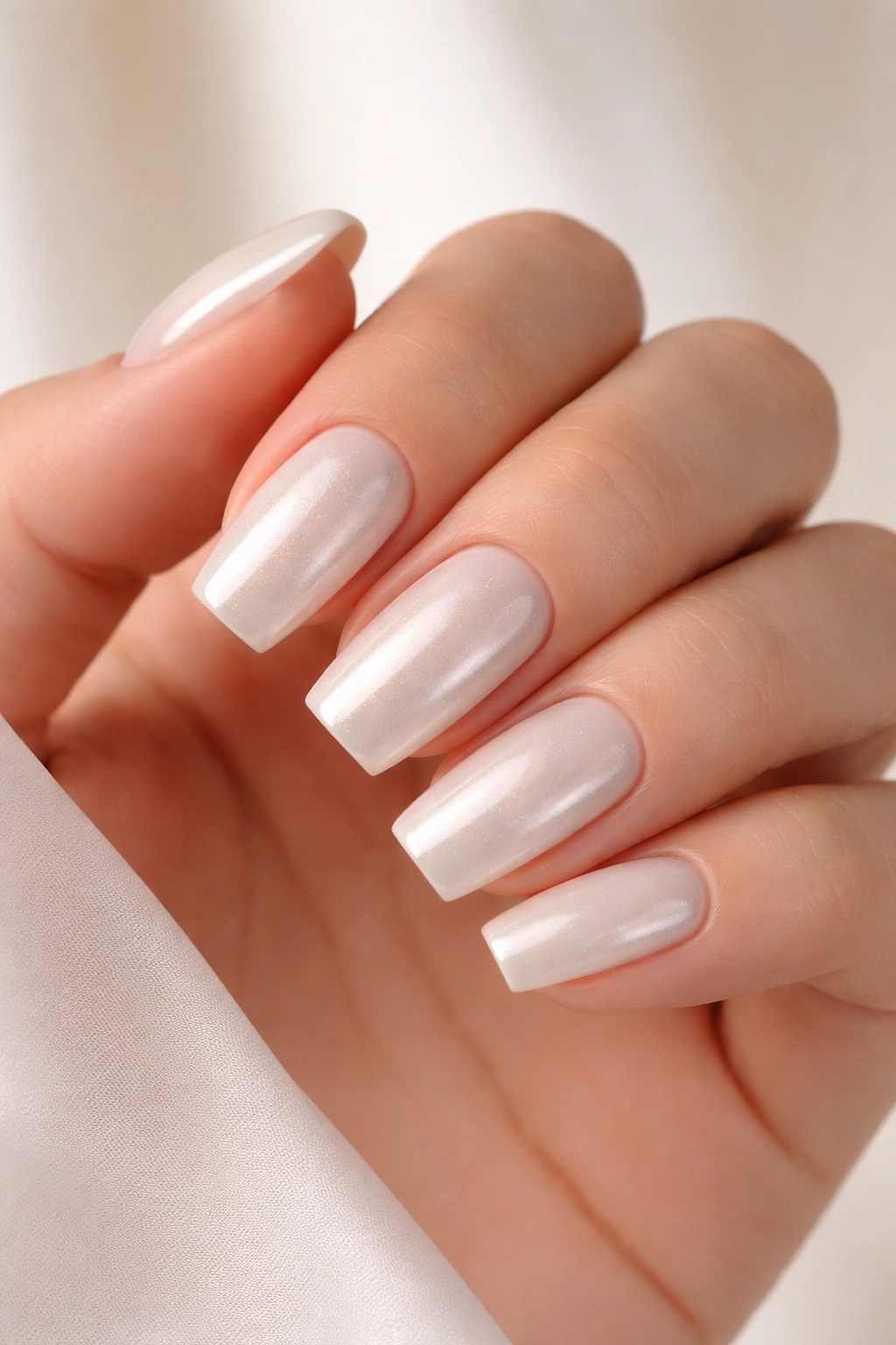Short coffin nails with ivory base and pearl chrome finish