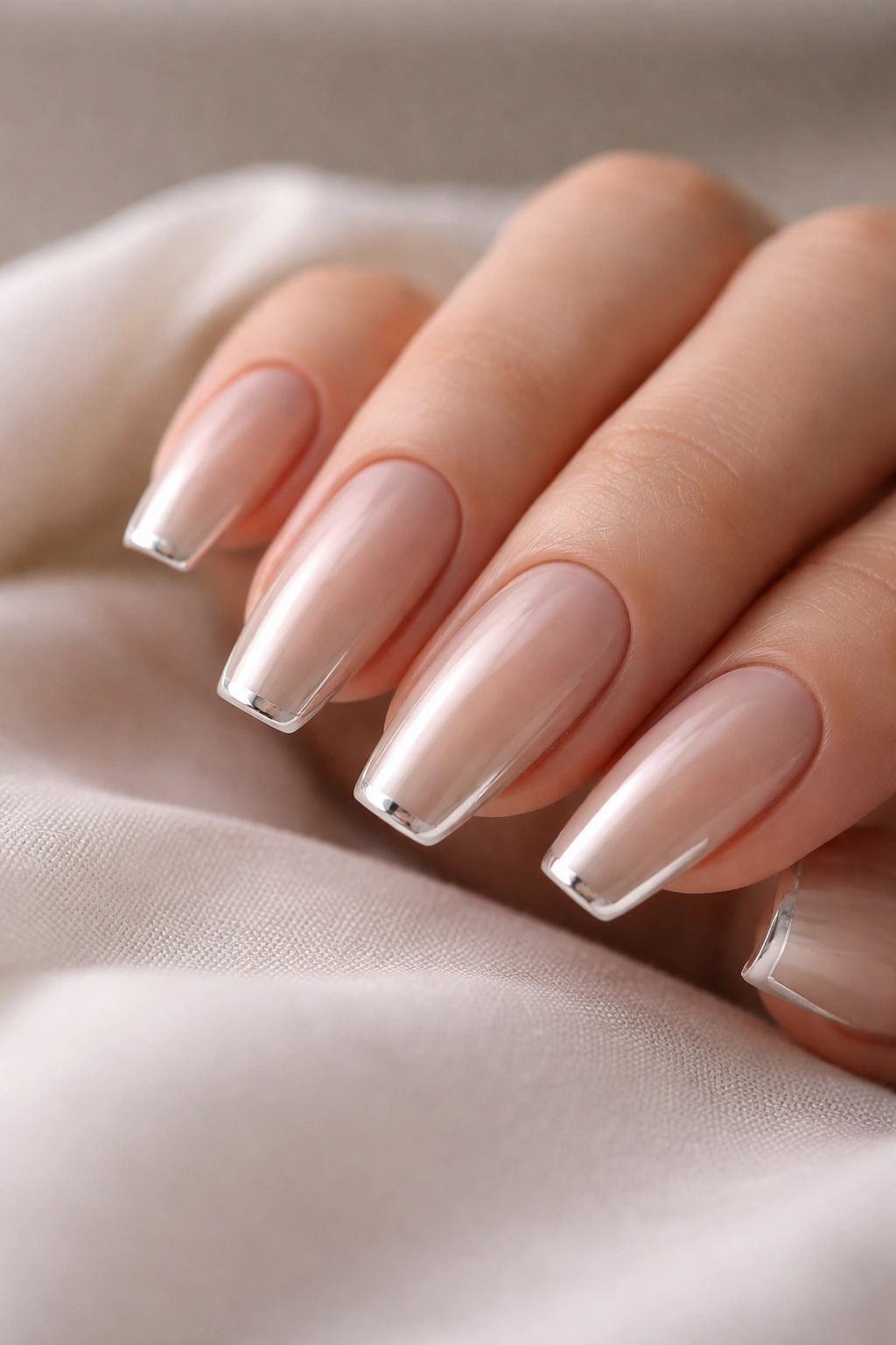 Close-up of vanilla nude coffin nails with a tiny micro-French edge