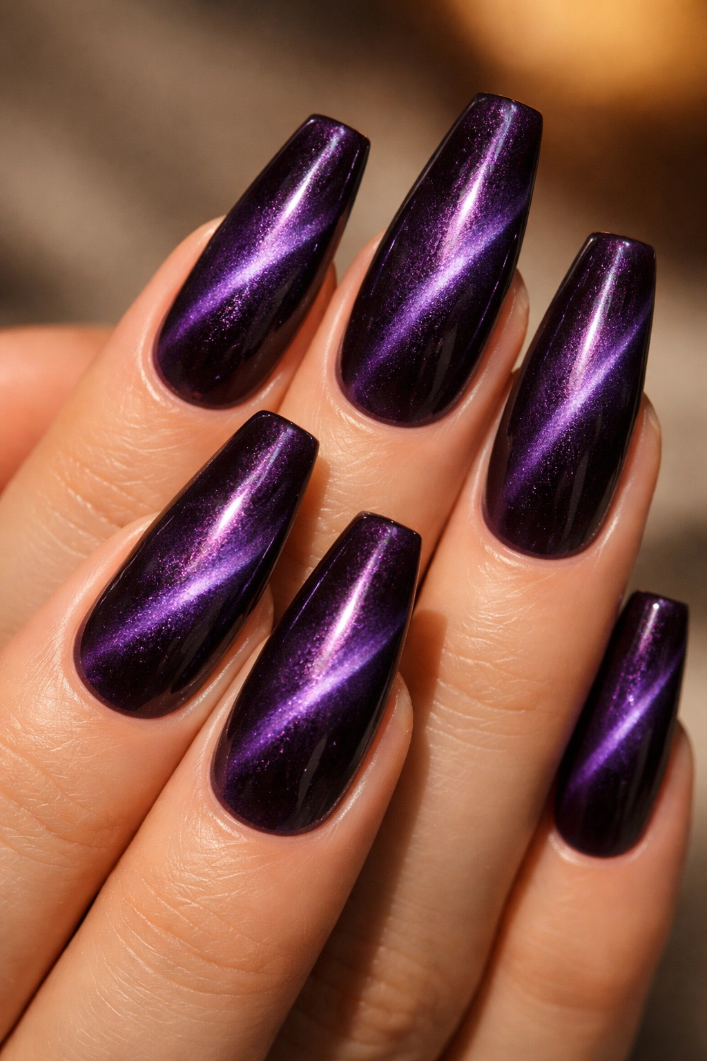 Dark amethyst velvet cat-eye nails with shifting violet glow