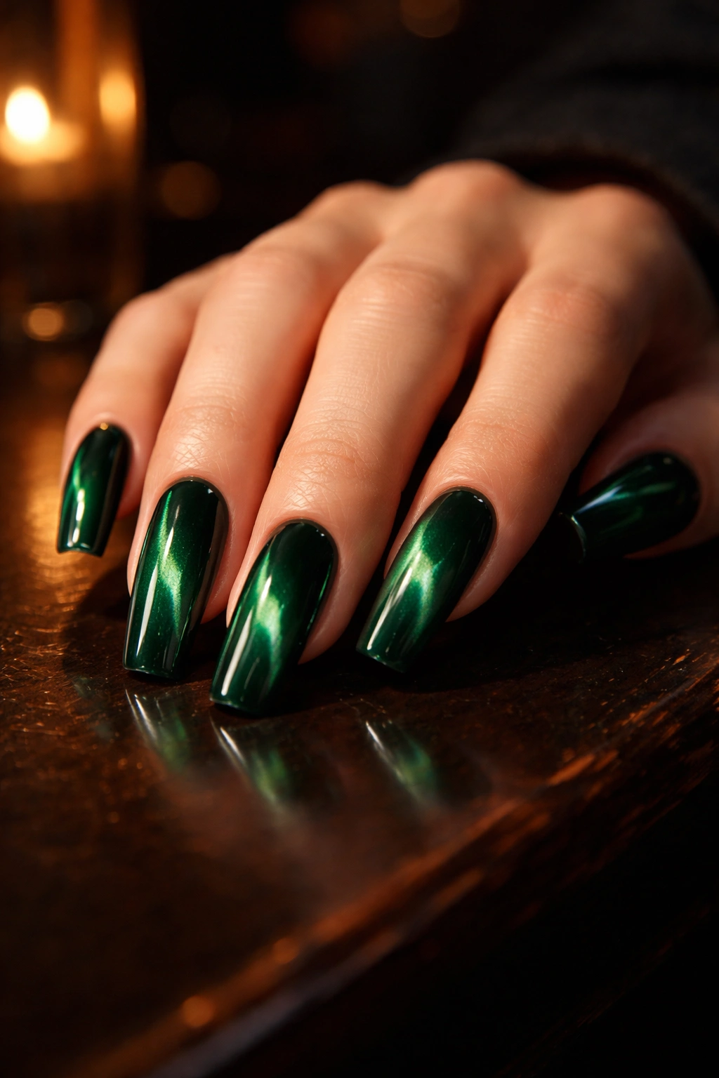 Cat-eye emerald nails with a shimmering light stripe