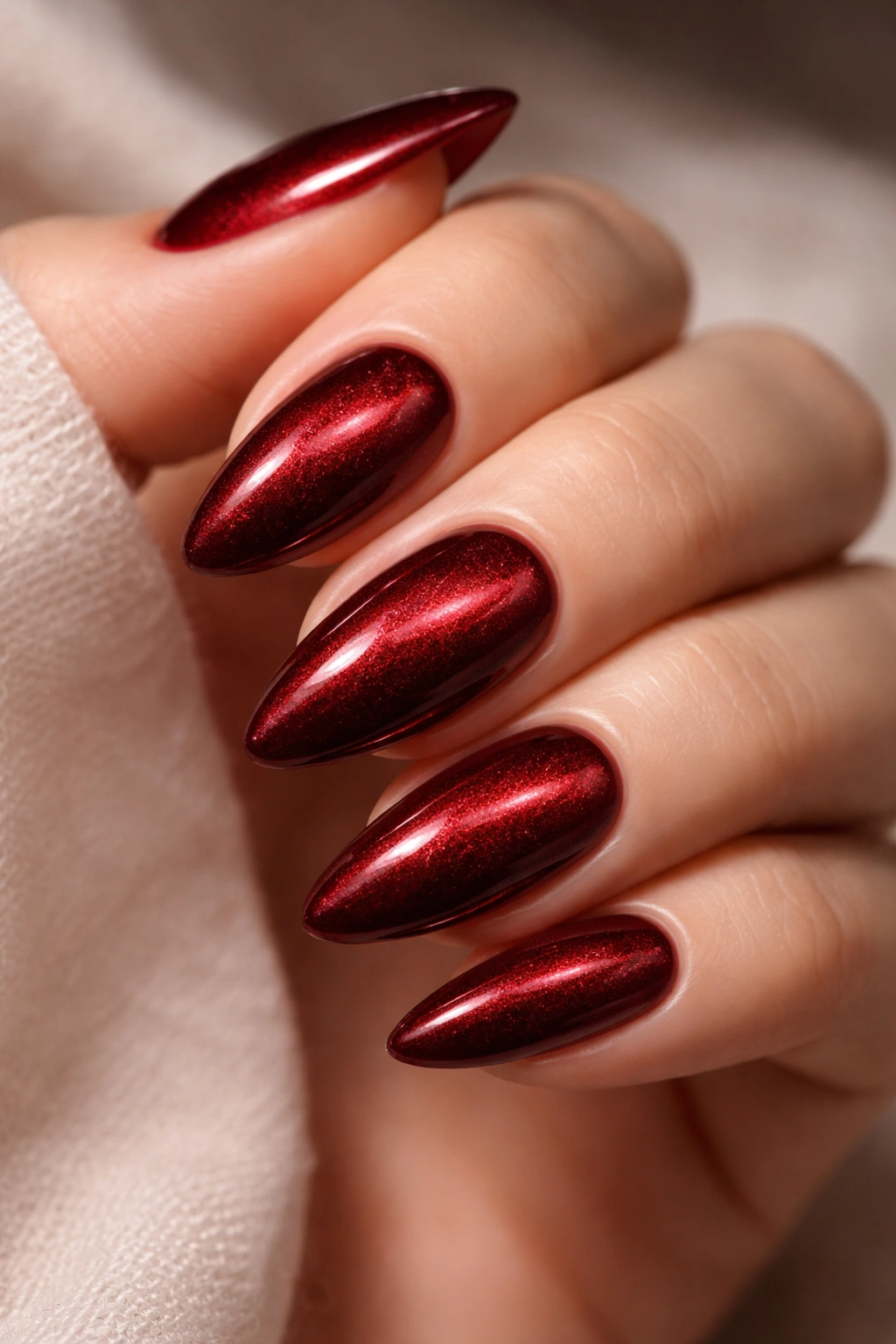 Almond nails with velvet cherry red cat-eye shimmer on neutral background