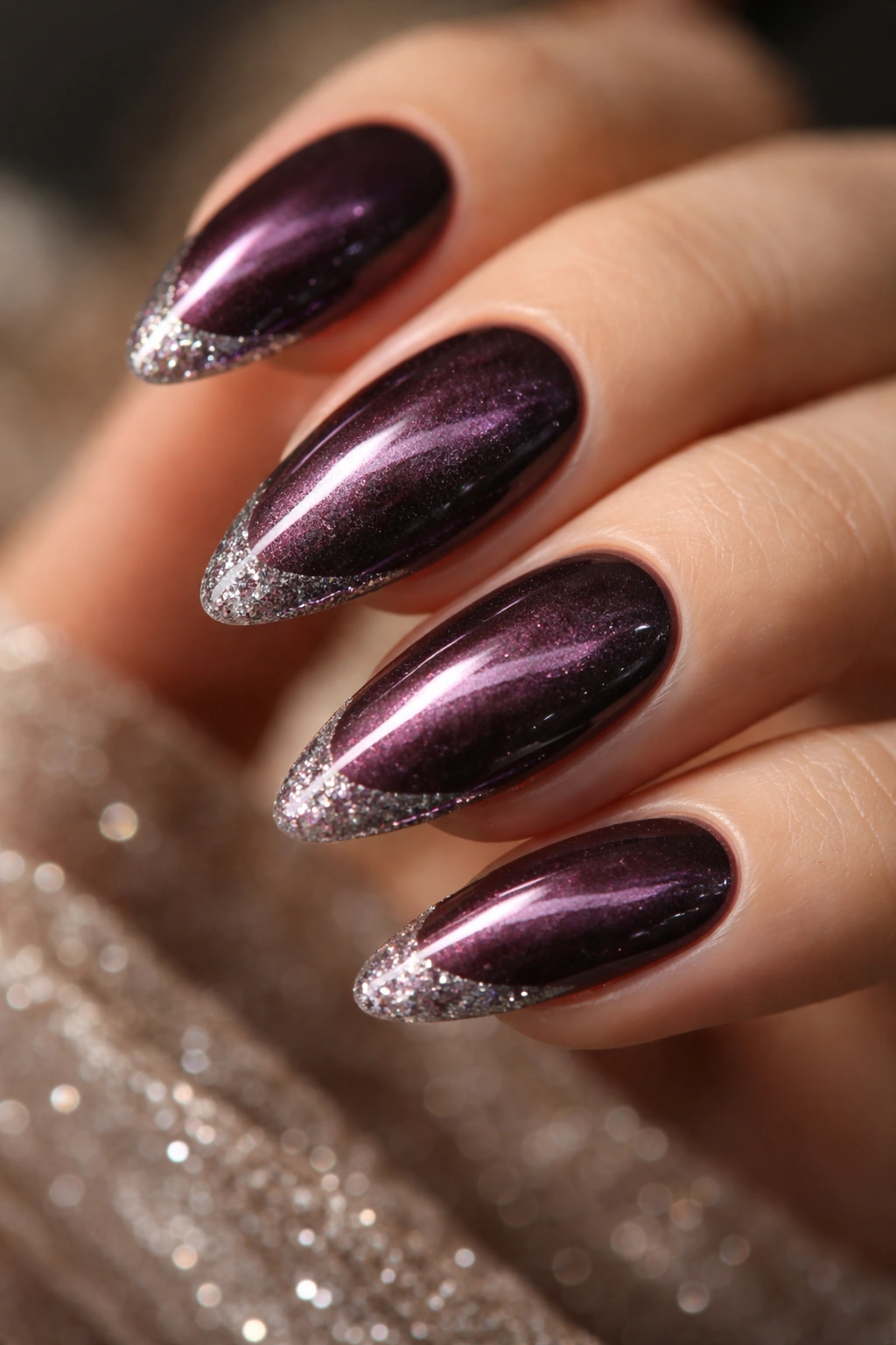 Close-up of velvet cat-eye almond nails with glitter edge